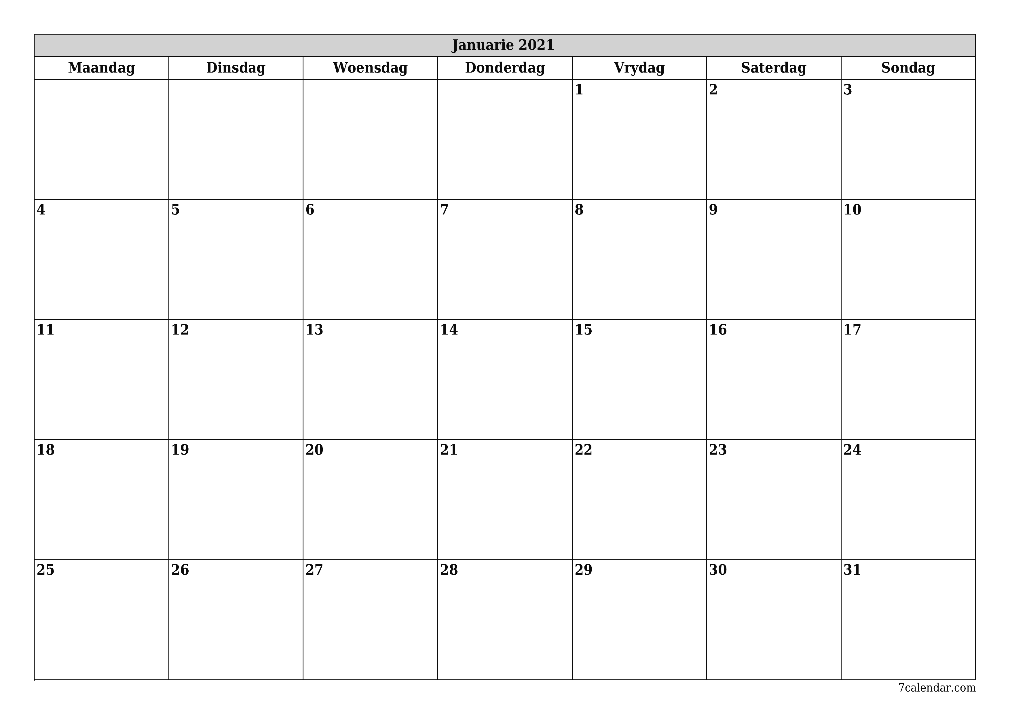 Leë maandelikse drukbare kalender en beplanner vir maand Januarie 2021 met notas stoor en druk na PDF PNG Afrikaans