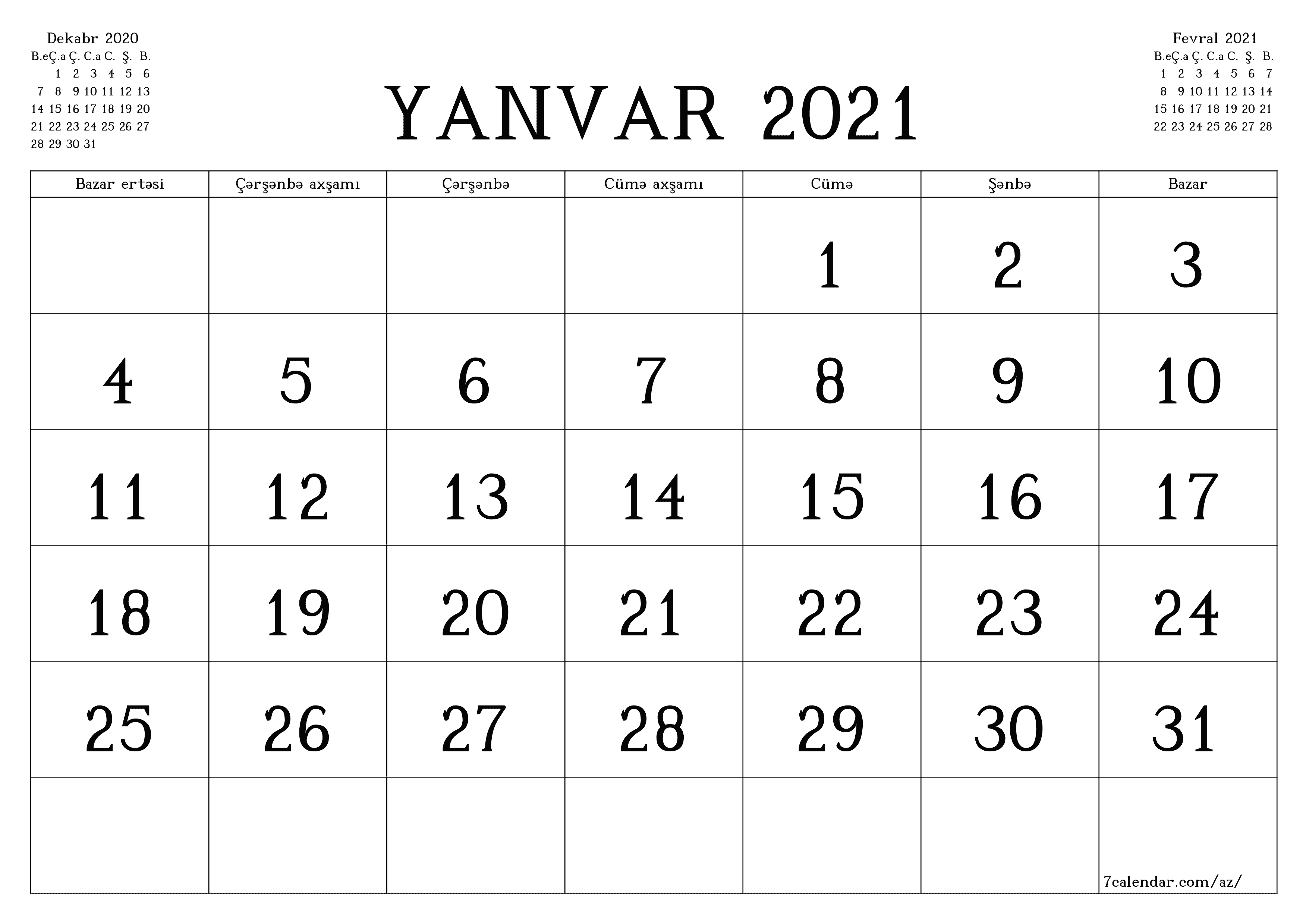 çap edilə bilən divar i şablonu pulsuz üfüqi Aylıq təqvim Yanvar (Yan) 2021