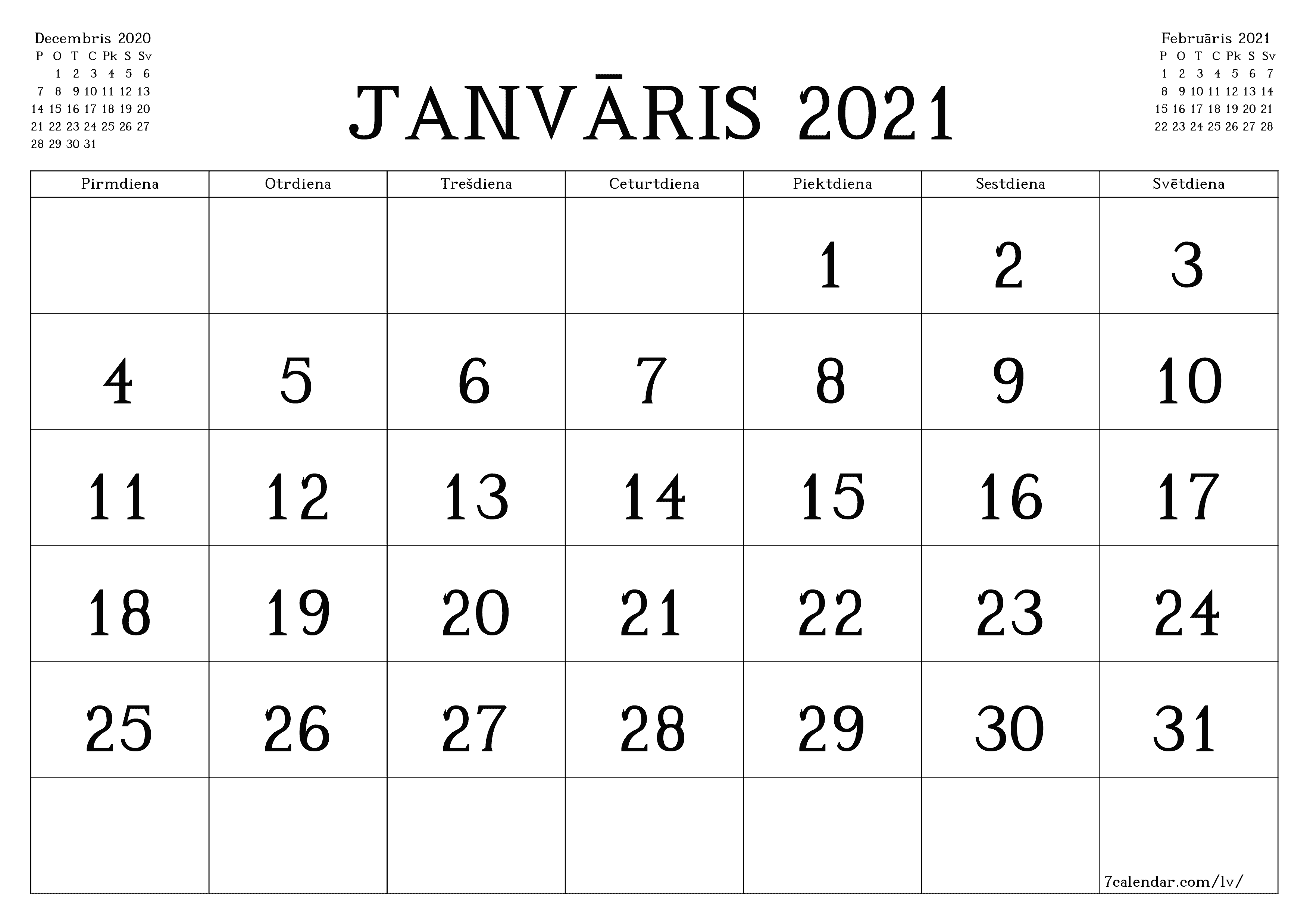 Iztukšot mēneša plānotāju mēnesim Janvāris 2021 ar piezīmēm, saglabāt un izdrukāt PDF formātā PNG Latvian