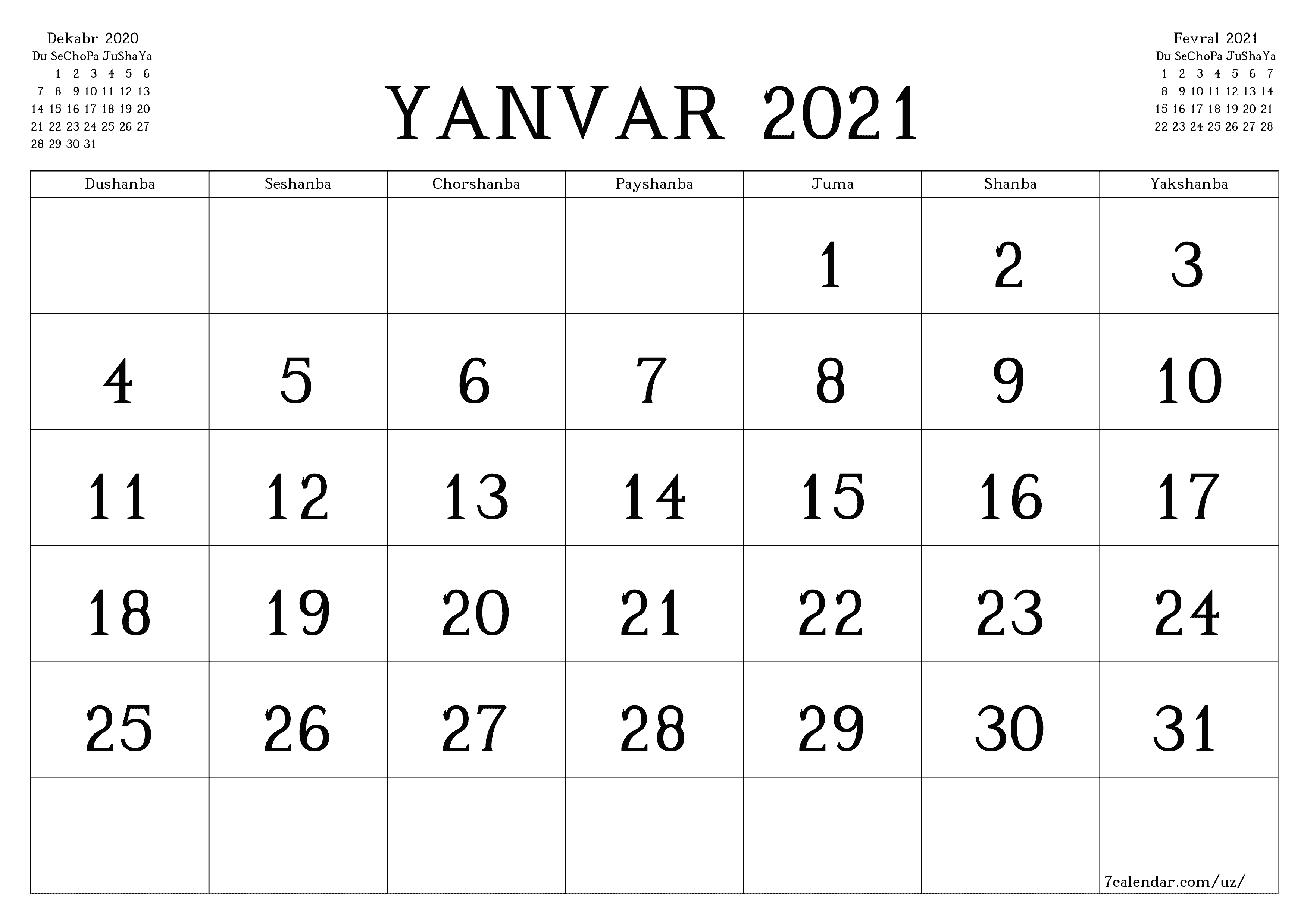 Yanvar 2021 oylik oylik rejalashtiruvchini yozuvlar bilan bo'shatish, saqlash va PDF-ga chop etish PNG Uzbek