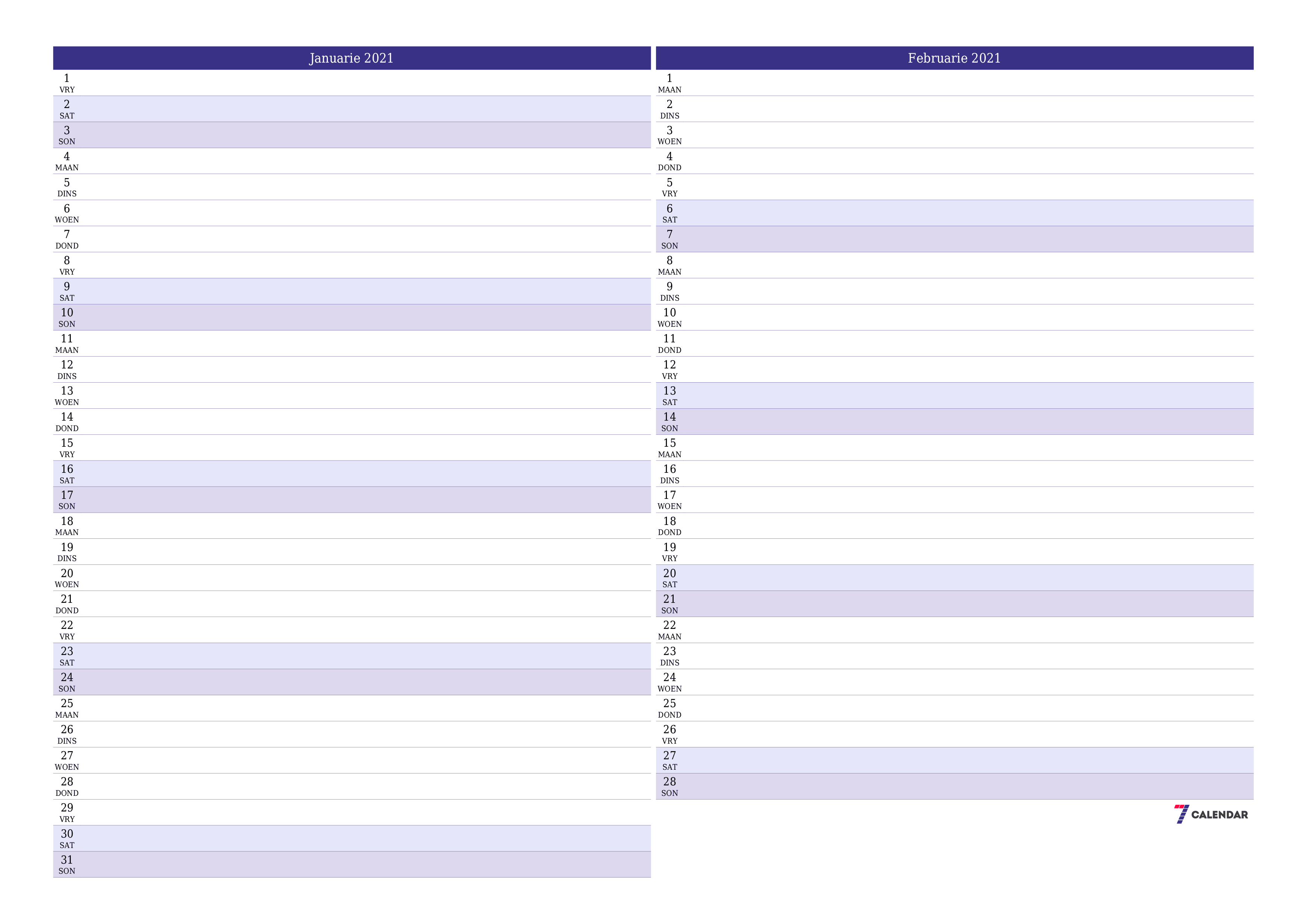 Leë maandelikse drukbare kalender en beplanner vir maand Januarie 2021 met notas stoor en druk na PDF PNG Afrikaans