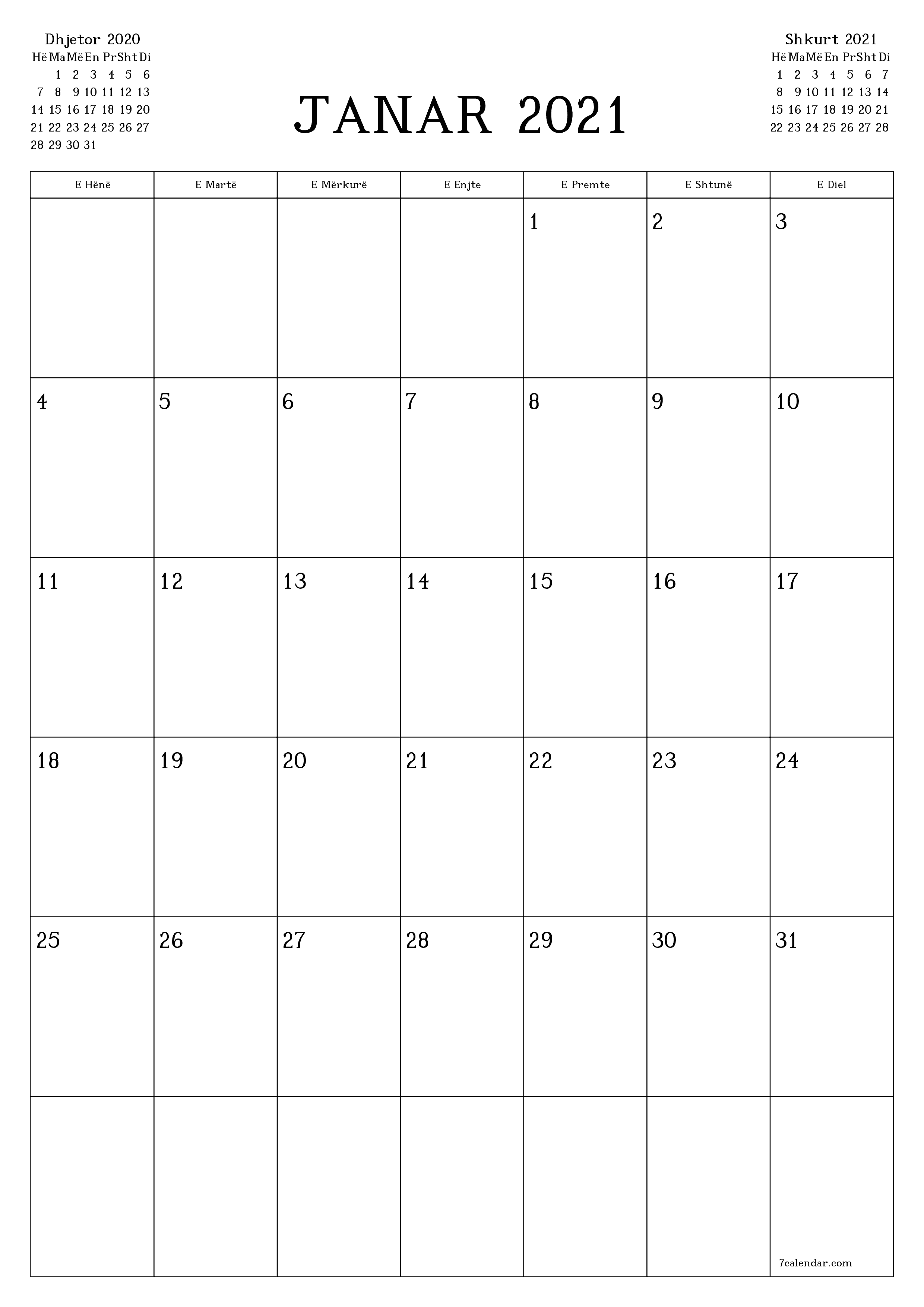 Planifikuesi i zbrazët i kalendarit mujor për muajin Janar 2021 me shënime të ruajtura dhe të printuara në PDF PNG Albanian - 7calendar.com