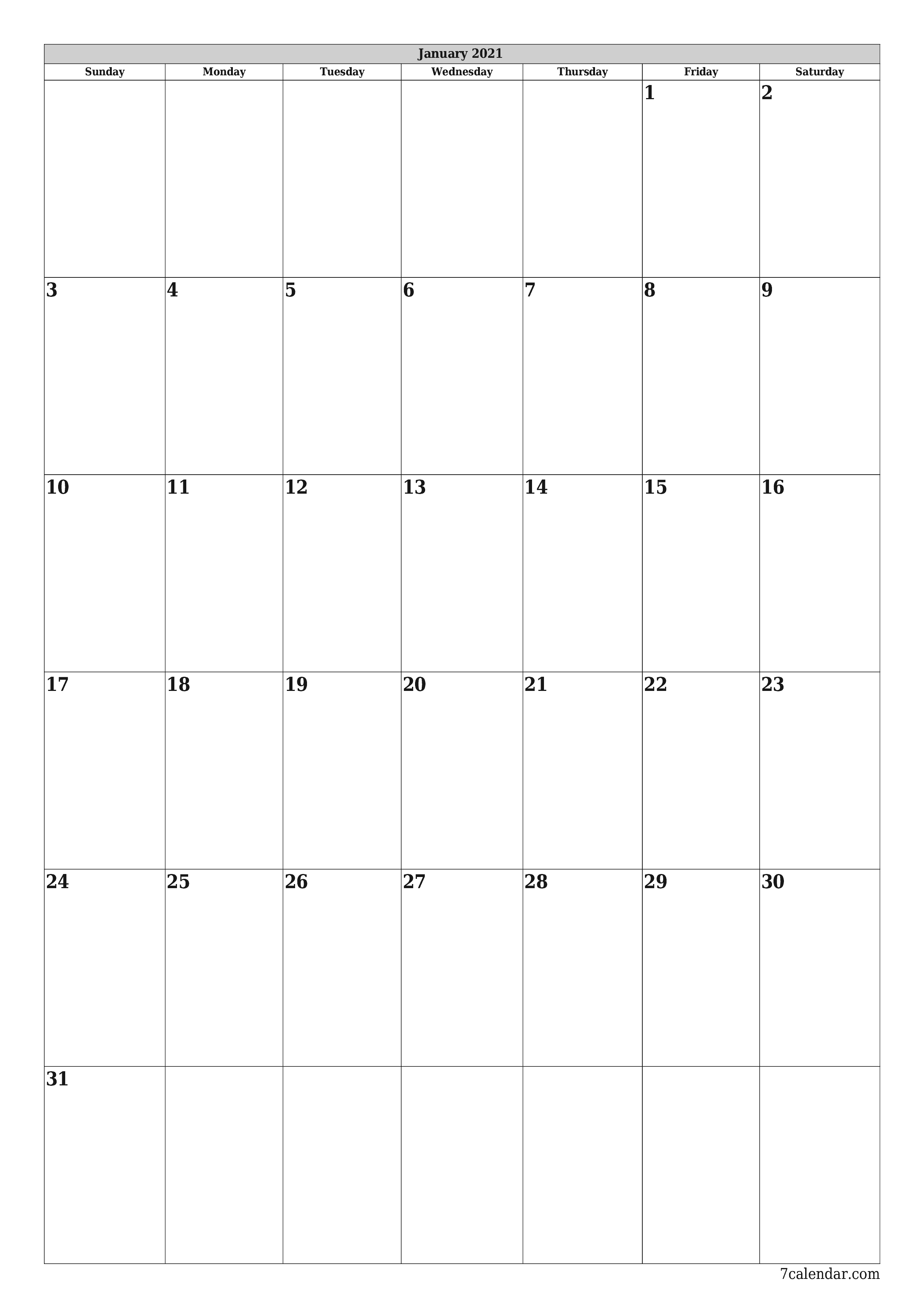 Blank monthly printable calendar and planner for month January 2021 with notes save and print to PDF PNG English