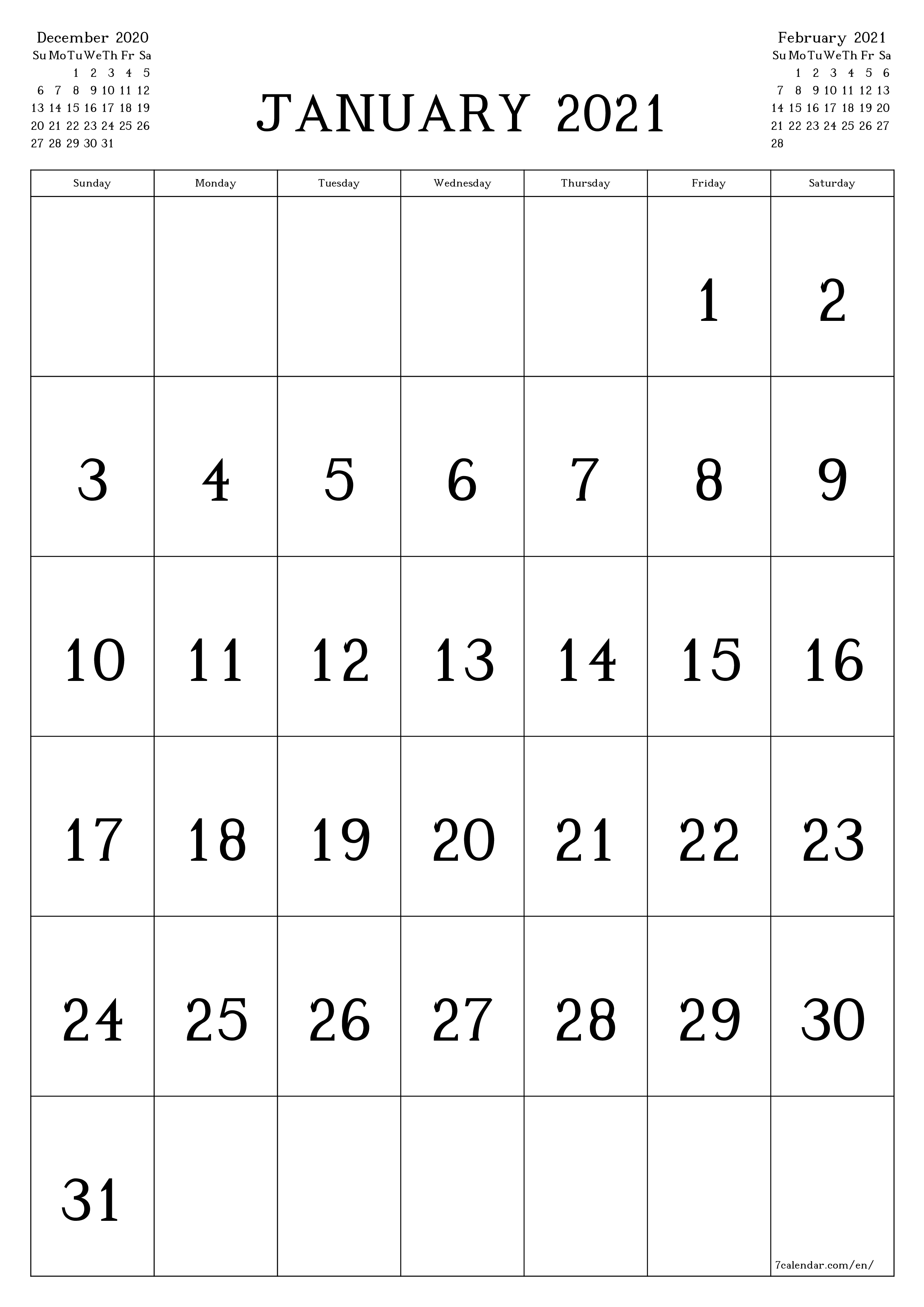 Blank monthly dated HD template image of calendar for month January 2021 save and print to PDF PNG English - 7calendar.com