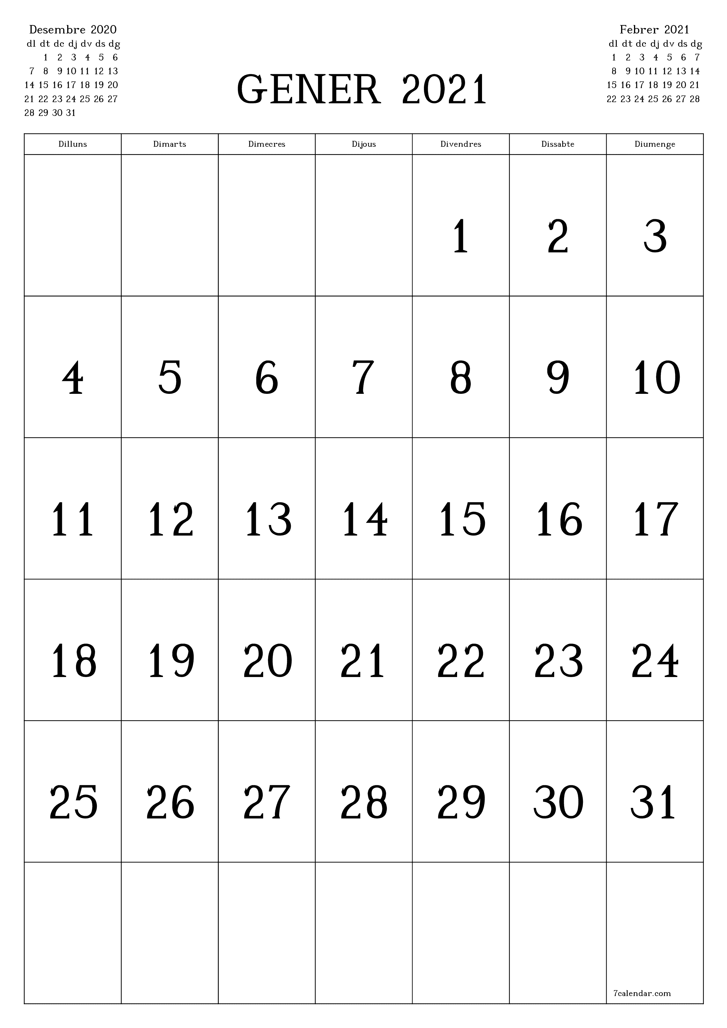  imprimible de paret plantilla de gratuïtvertical Mensual calendari Gener (Gen) 2021