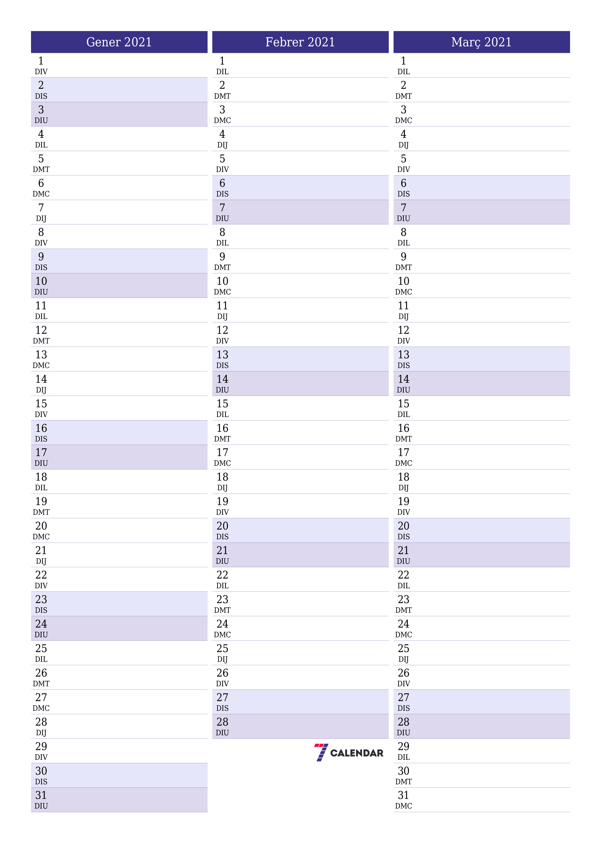  imprimible de paret plantilla de gratuïtvertical Mensual planificador calendari Gener (Gen) 2021