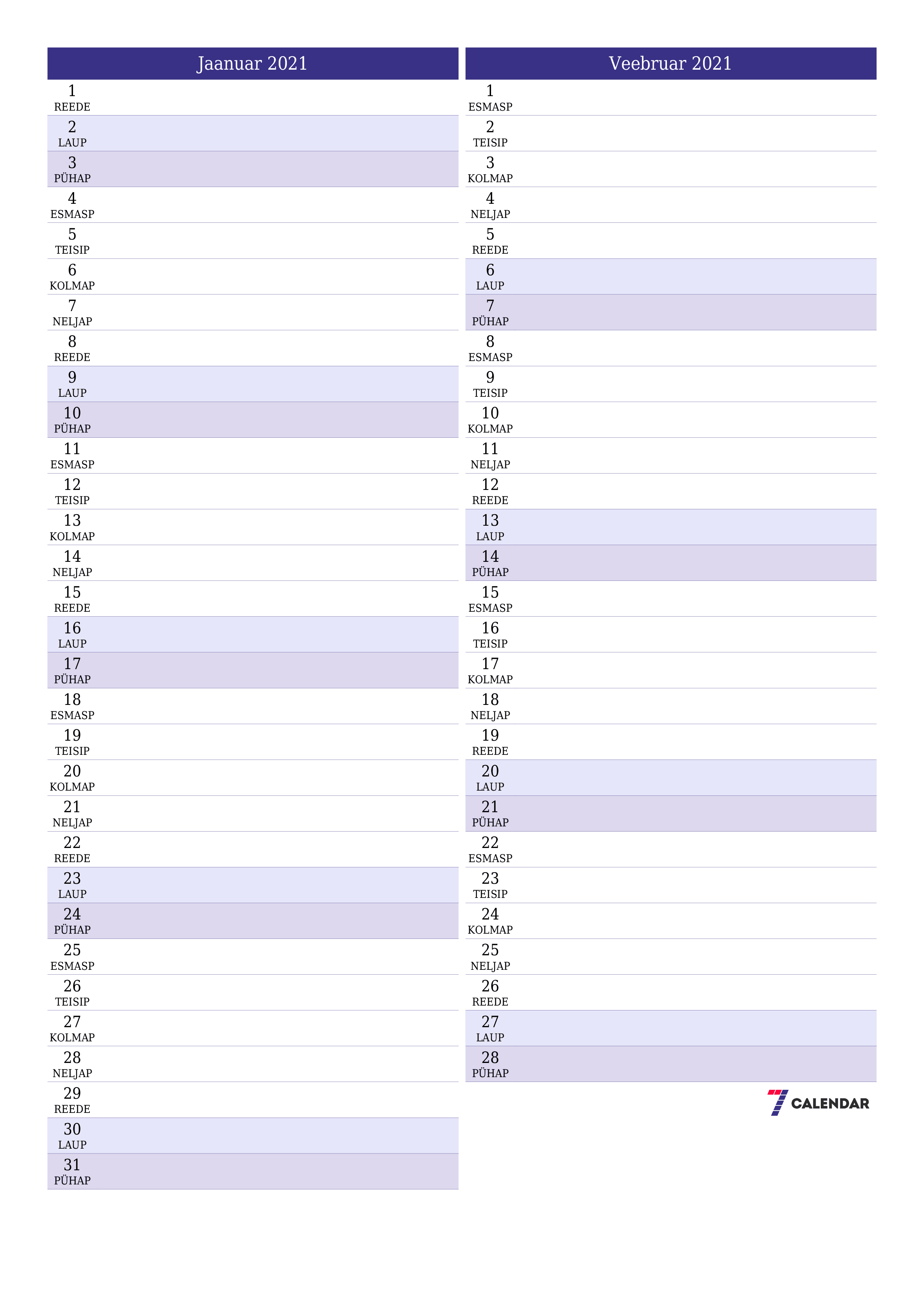 prinditav seina kalendri mall tasuta vertikaalne Igakuine planeerija kalender Jaanuar (Jaan) 2021