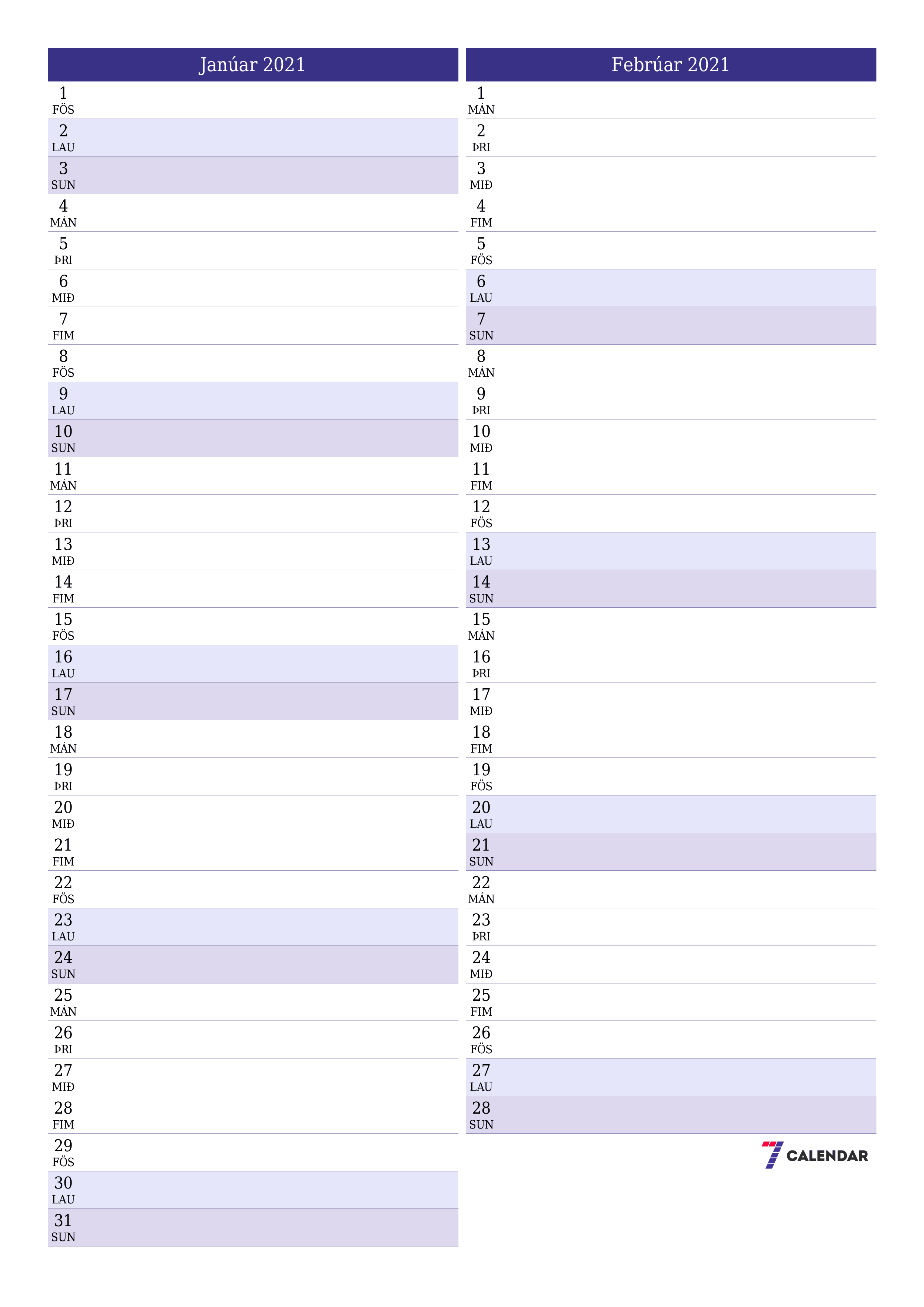 Tómur mánaðarlegur skipuleggjandi fyrir mánuðinn Janúar 2021 með athugasemdum, vista og prenta á PDF PNG Icelandic