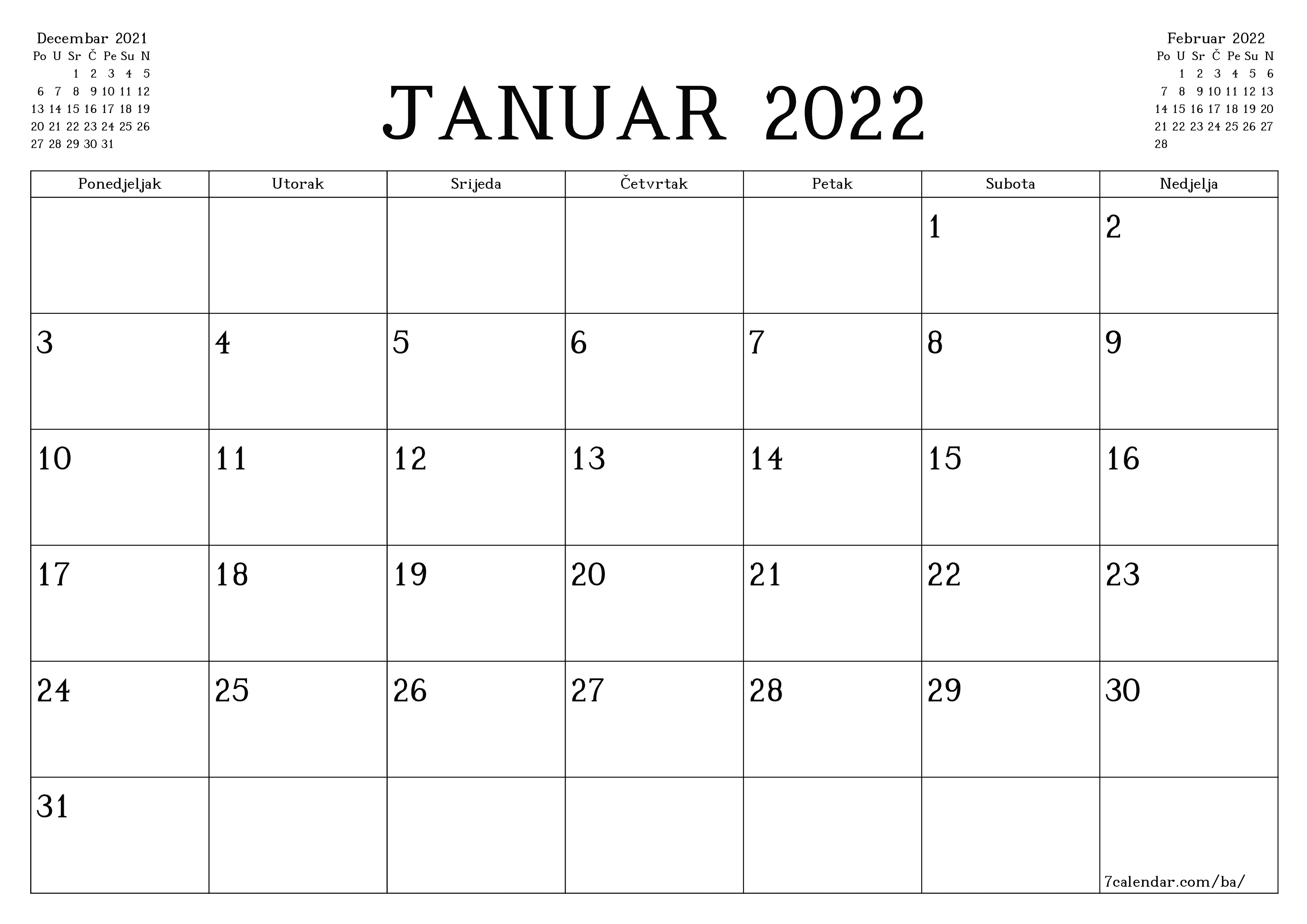 Ispraznite mjesečni planer za mjesec Januar 2022 s bilješkama, spremite i ispišite u PDF PNG Bosnian