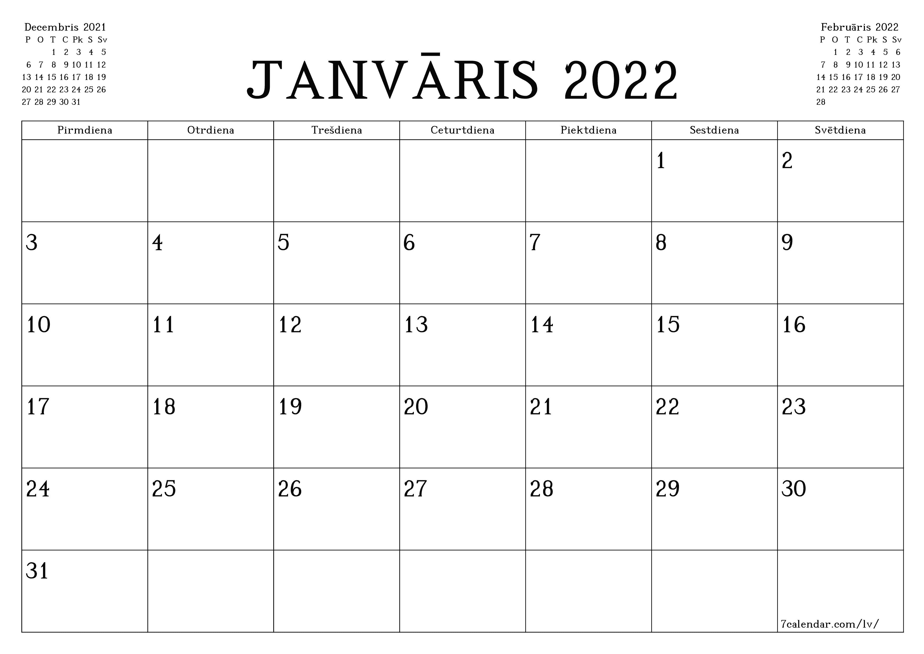 Iztukšot mēneša plānotāju mēnesim Janvāris 2022 ar piezīmēm, saglabāt un izdrukāt PDF formātā PNG Latvian - 7calendar.com