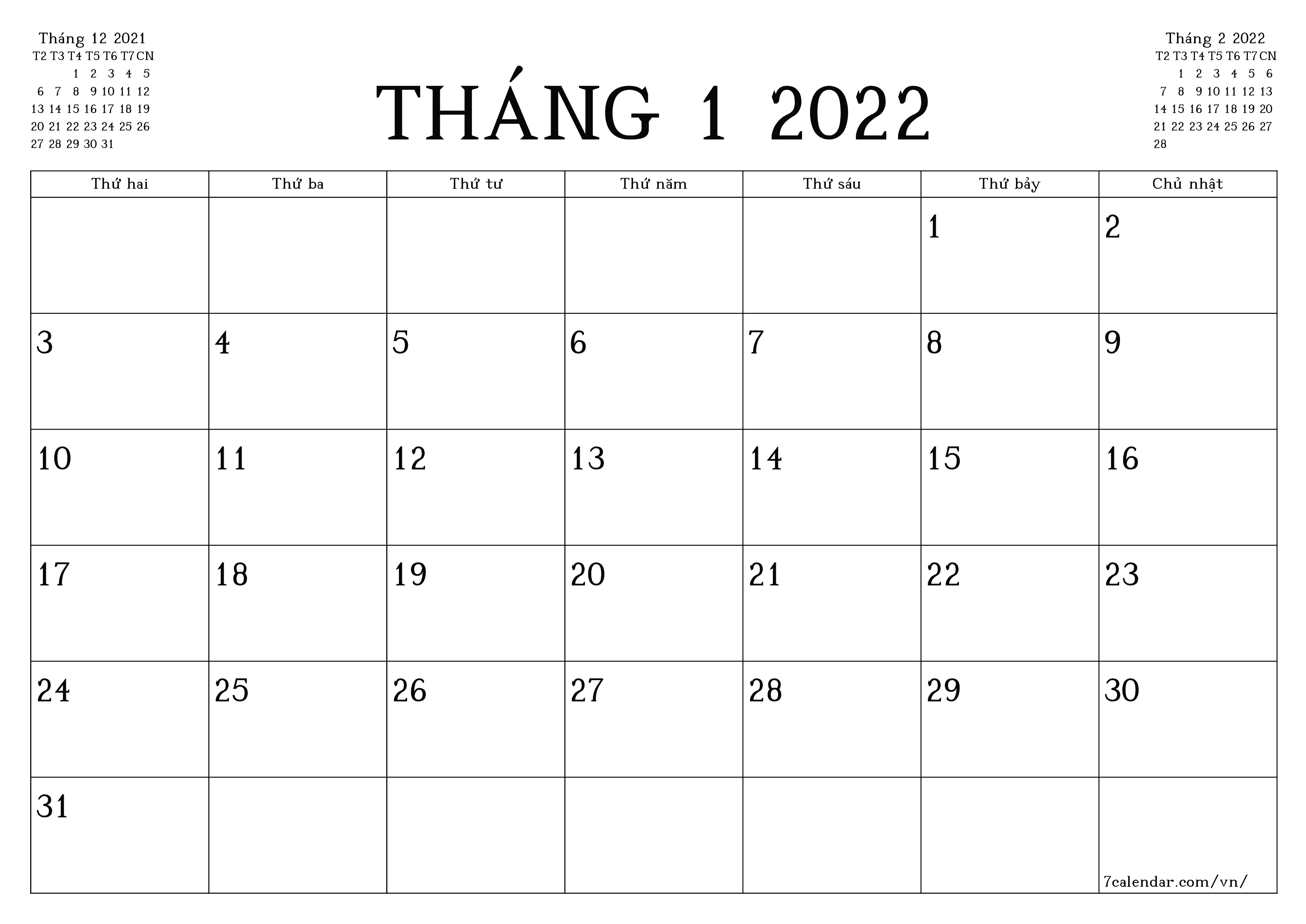 Công cụ lập kế hoạch hàng tháng trống cho tháng Tháng 1 2022 có ghi chú, lưu và in sang PDF PNG Vietnamese - 7calendar.com