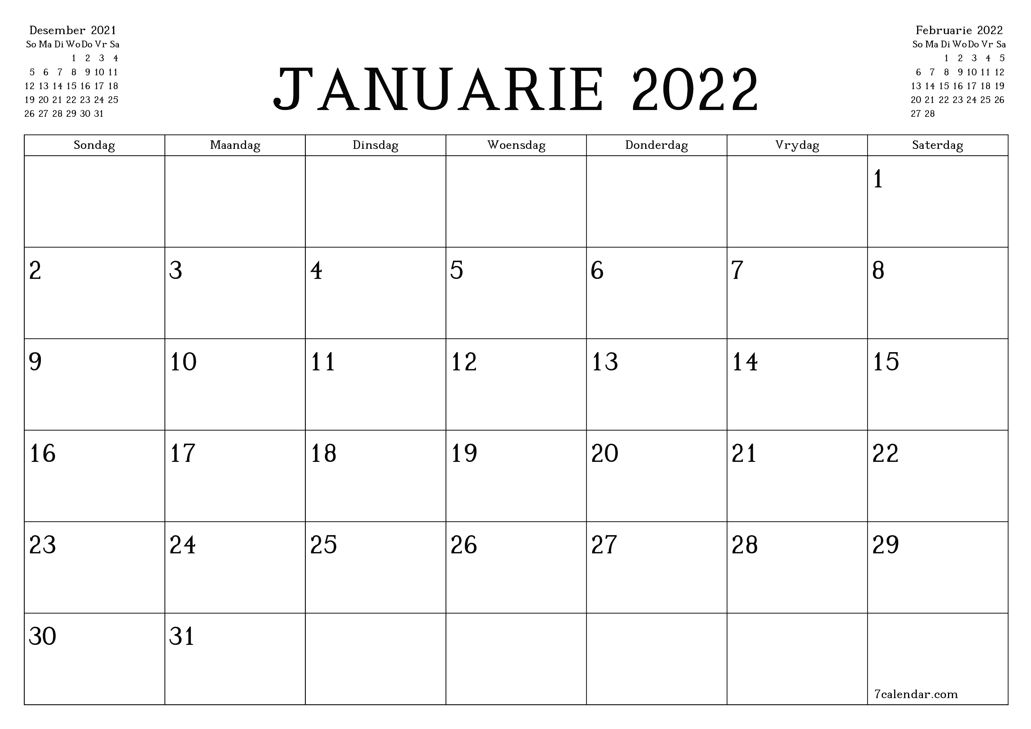 Leë maandelikse drukbare kalender en beplanner vir maand Januarie 2022 met notas stoor en druk na PDF PNG Afrikaans - 7calendar.com