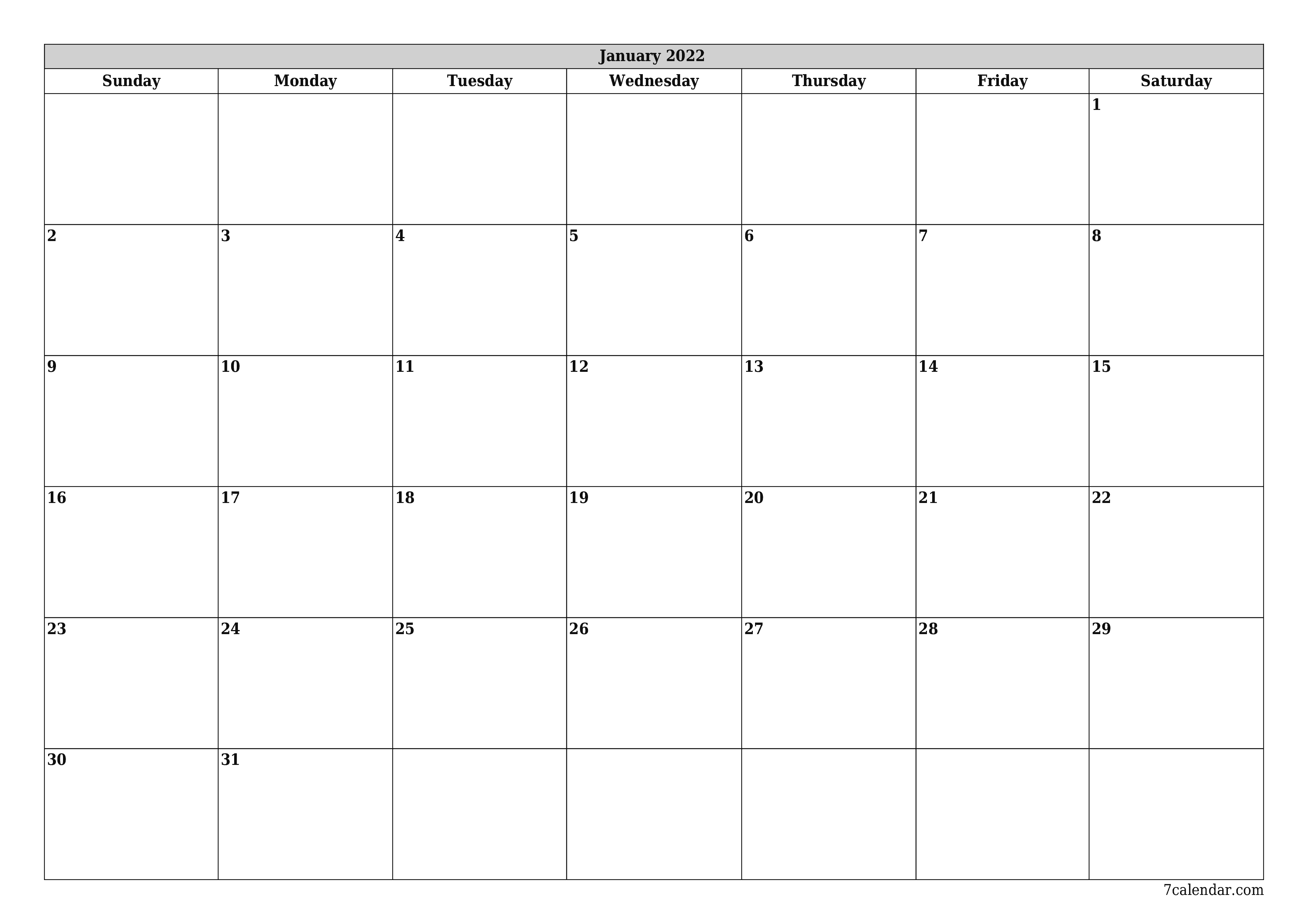 Blank monthly printable calendar and planner for month January 2022 with notes save and print to PDF PNG English