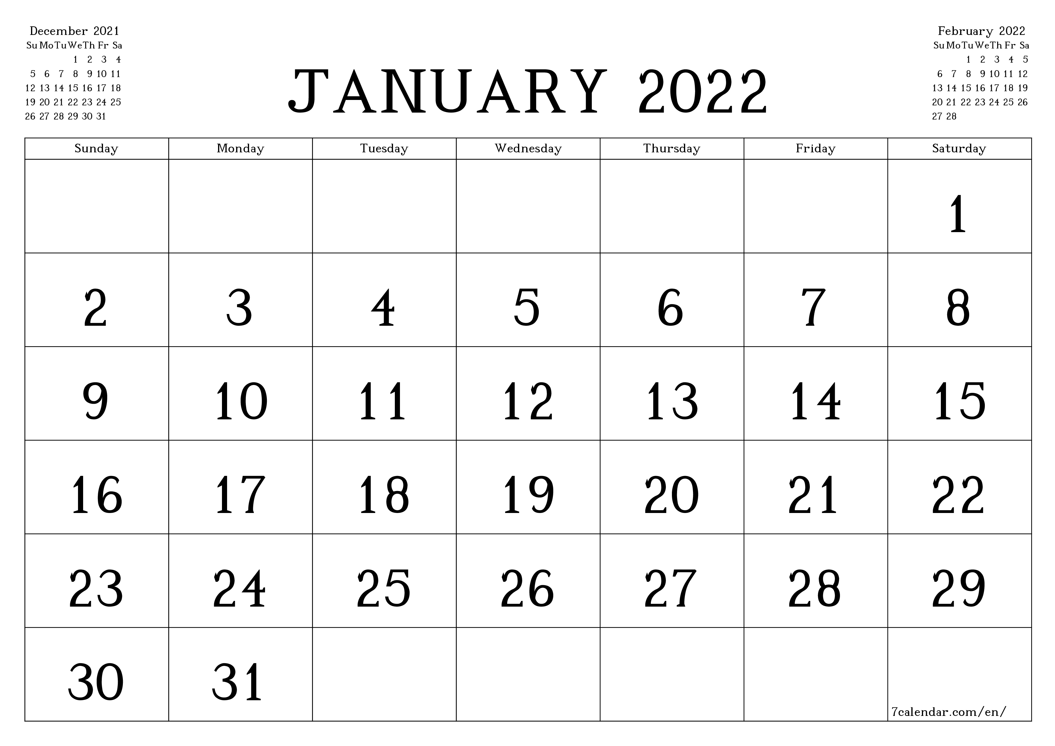 Blank monthly dated HD template image of calendar for month January 2022 save and print to PDF PNG English - 7calendar.com