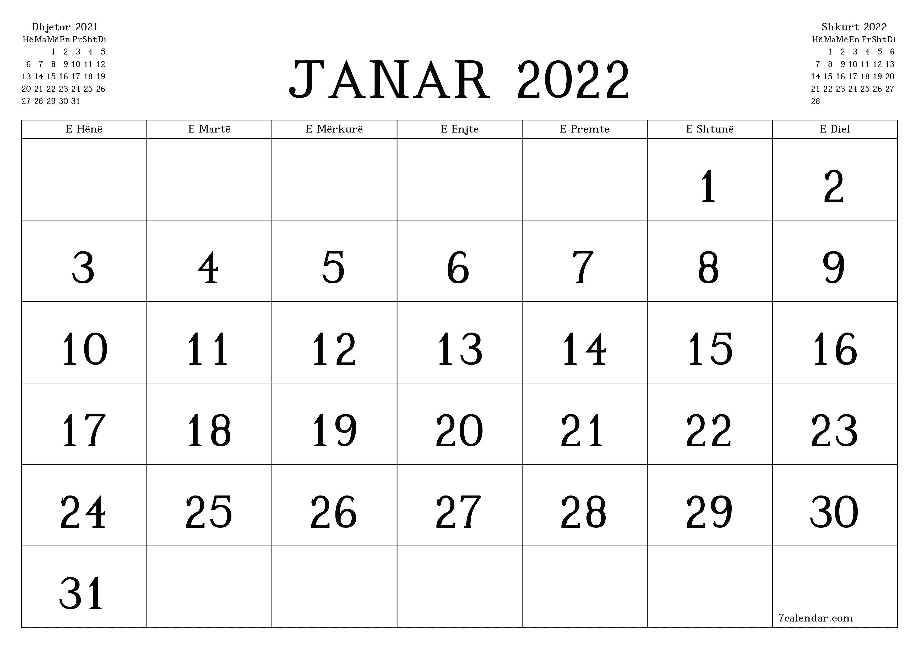 Planifikuesi i zbrazët i kalendarit mujor për muajin Janar 2022 me shënime të ruajtura dhe të printuara në PDF PNG Albanian