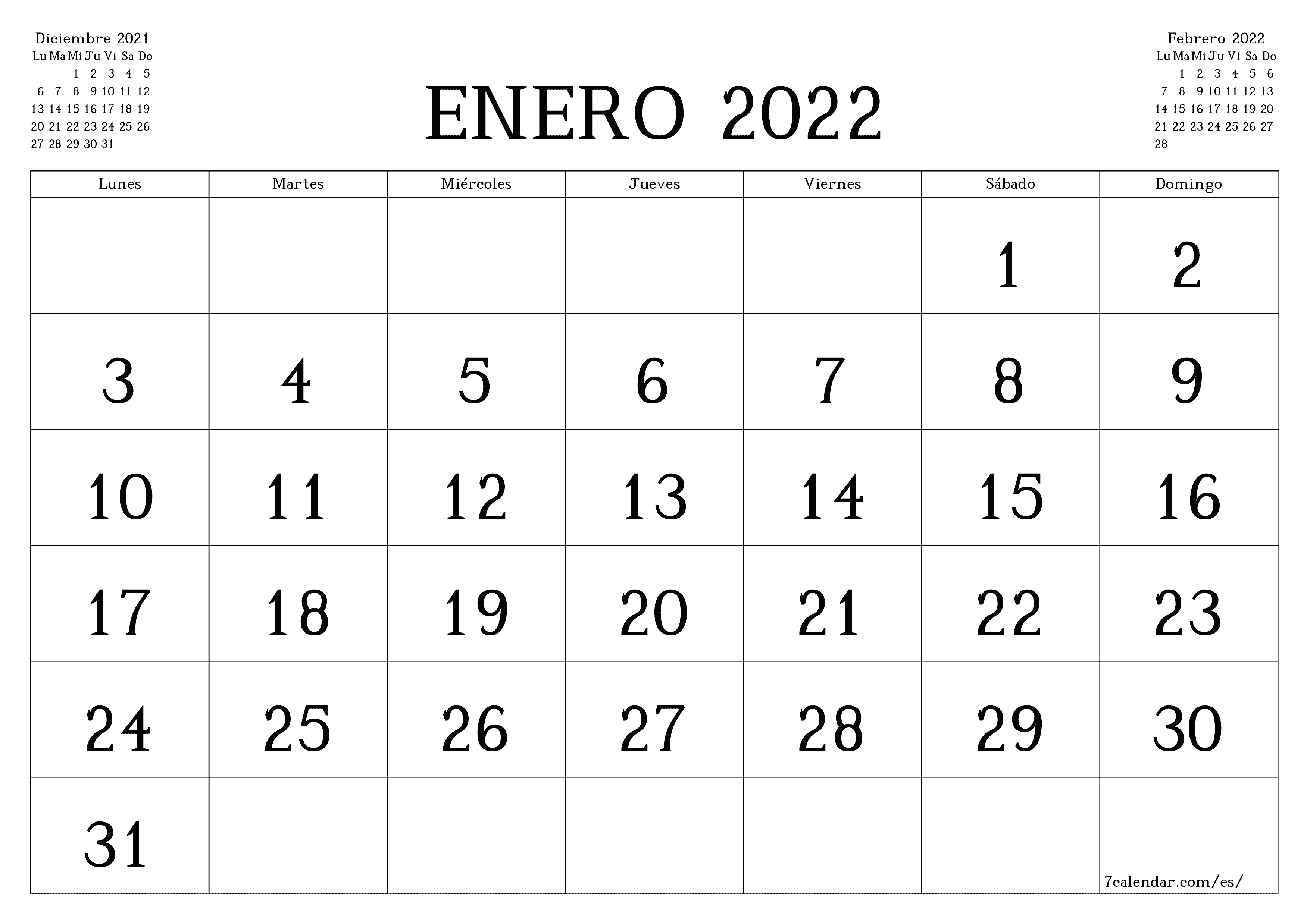 Planificador mensual vacío para el mes Enero 2022 con notas, guardar e imprimir en PDF PNG Spanish - 7calendar.com
