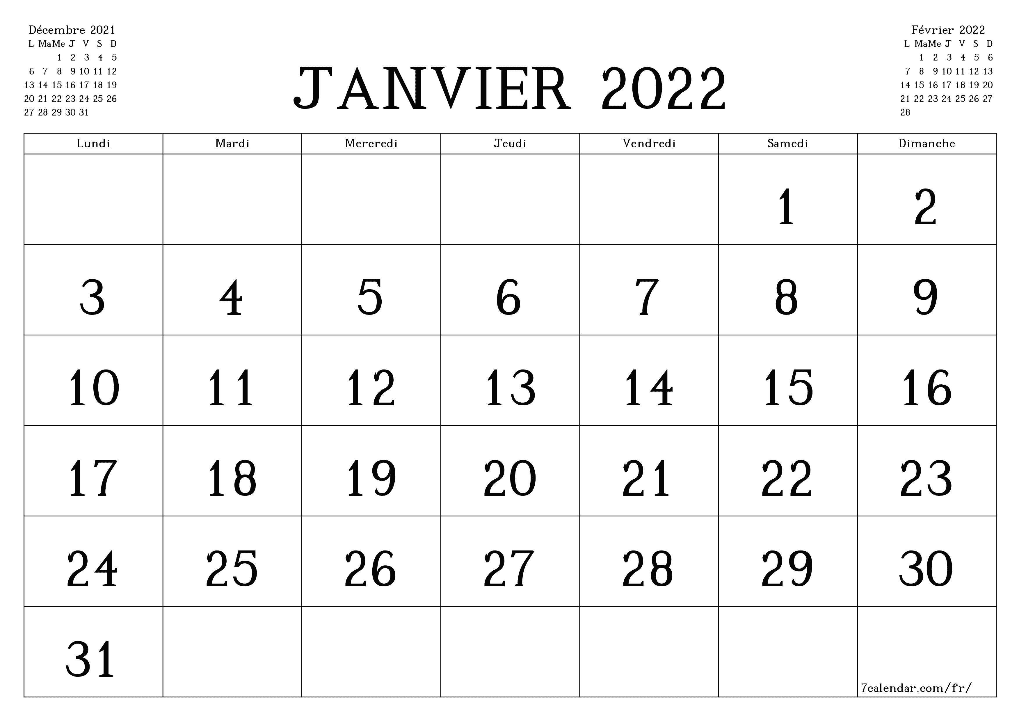 Calendrier mensuel vierge pour le mois Janvier 2022 enregistrer et imprimer au format PDF PNG French - 7calendar.com