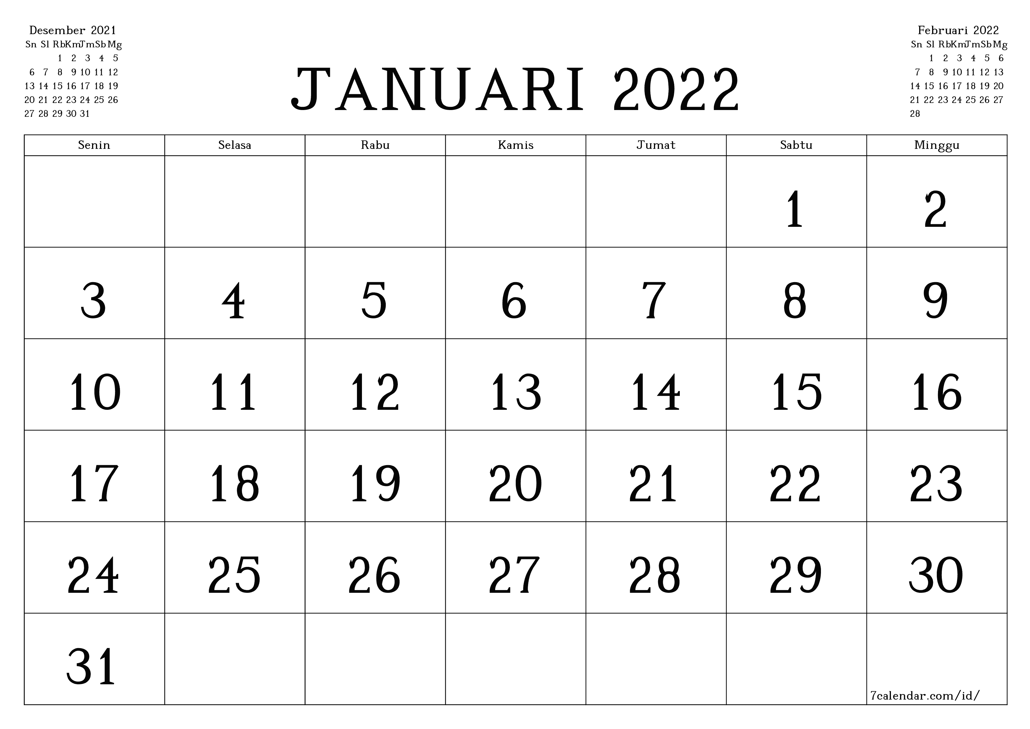 Kosongkan agenda bulanan untuk bulan Januari 2022 dengan catatan, simpan dan cetak ke PDF PNG Indonesian - 7calendar.com