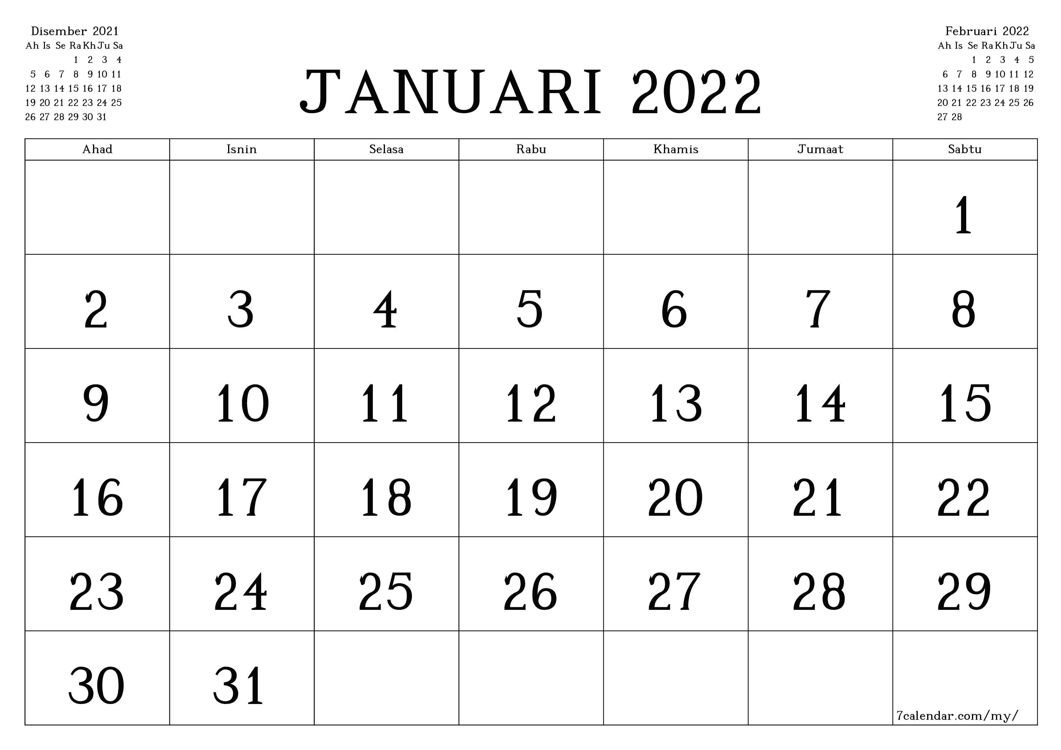 Perancang bulanan kosong untuk bulan Januari 2022 dengan nota, simpan dan cetak ke PDF PNG Malay