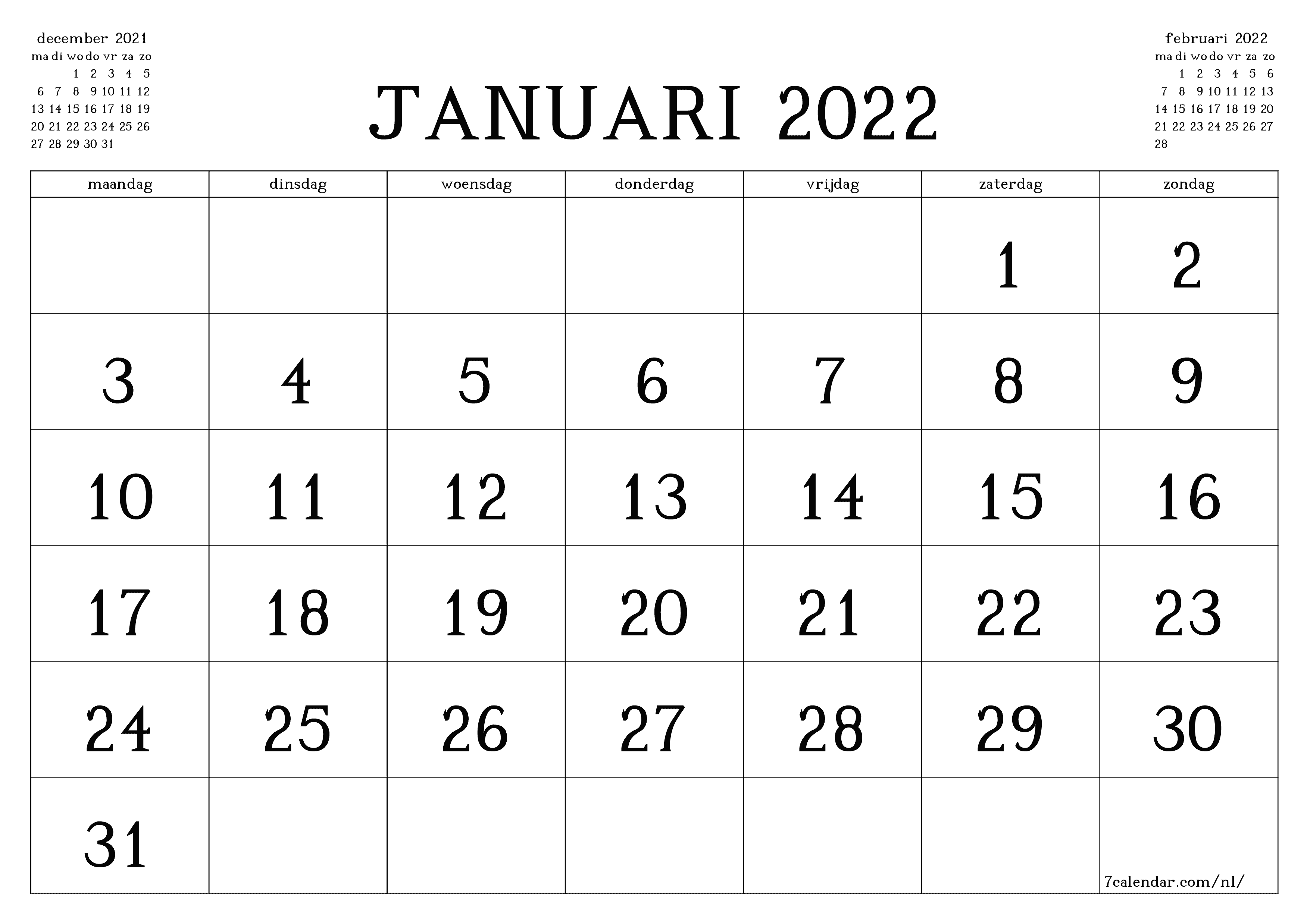 Lege maandplanner voor maand januari 2022 met notities, opslaan en afdrukken naar pdf PNG Dutch - 7calendar.com