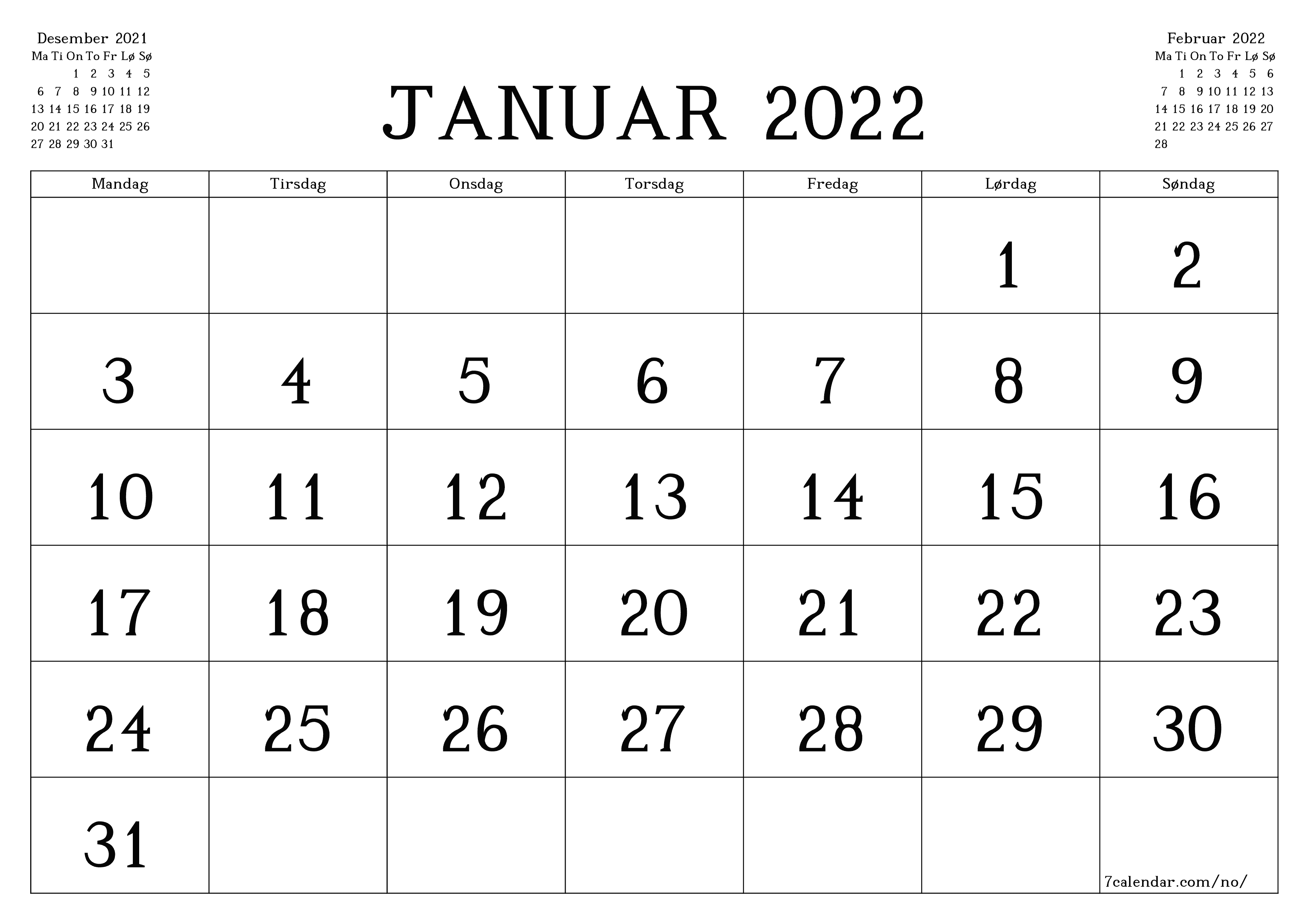 Tom månedlig planlegger for måned Januar 2022 med notater, lagre og skriv ut til PDF PNG Norwegian