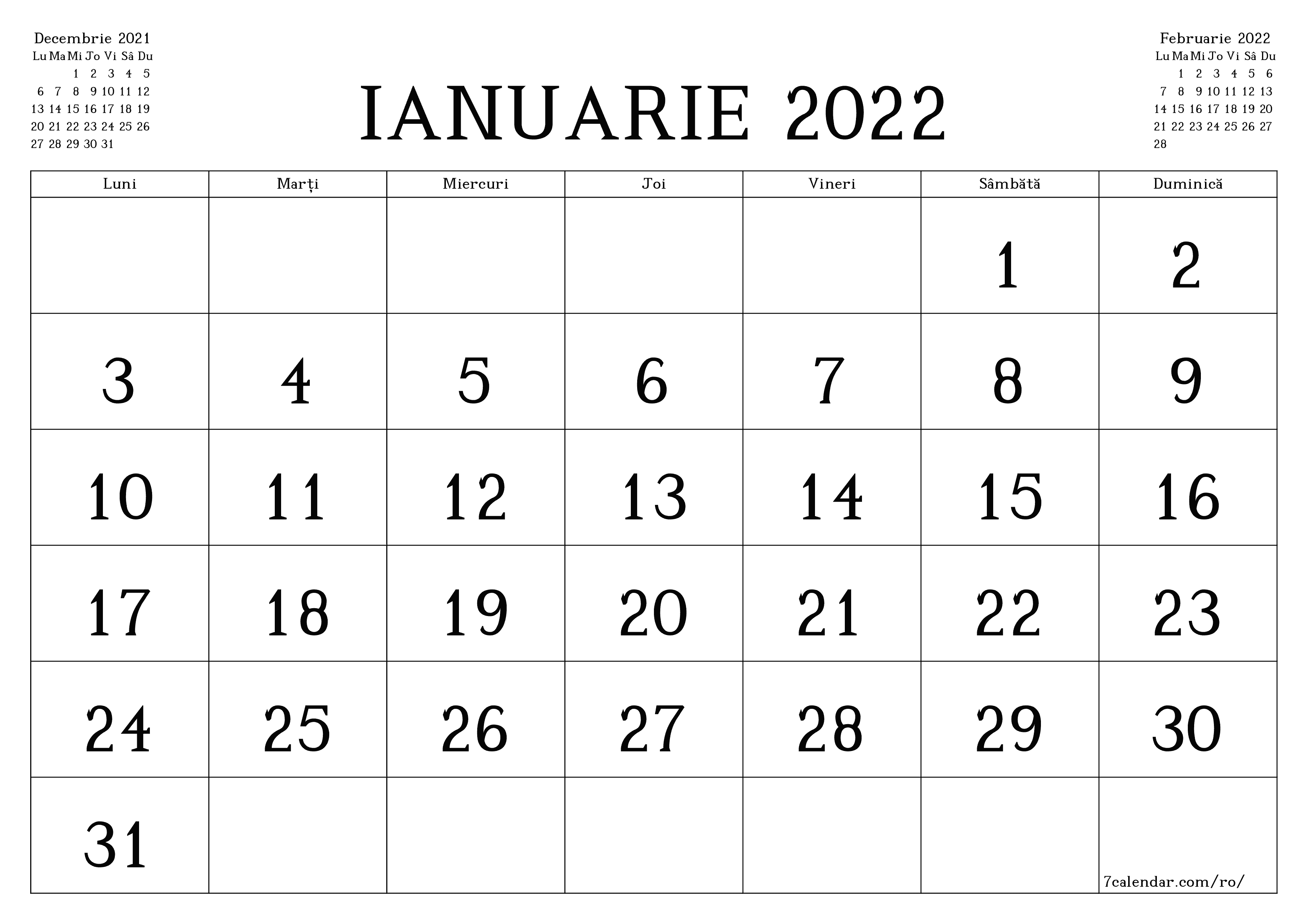 Planificator lunar gol pentru luna Ianuarie 2022 cu note, salvați și tipăriți în PDF PNG Romanian