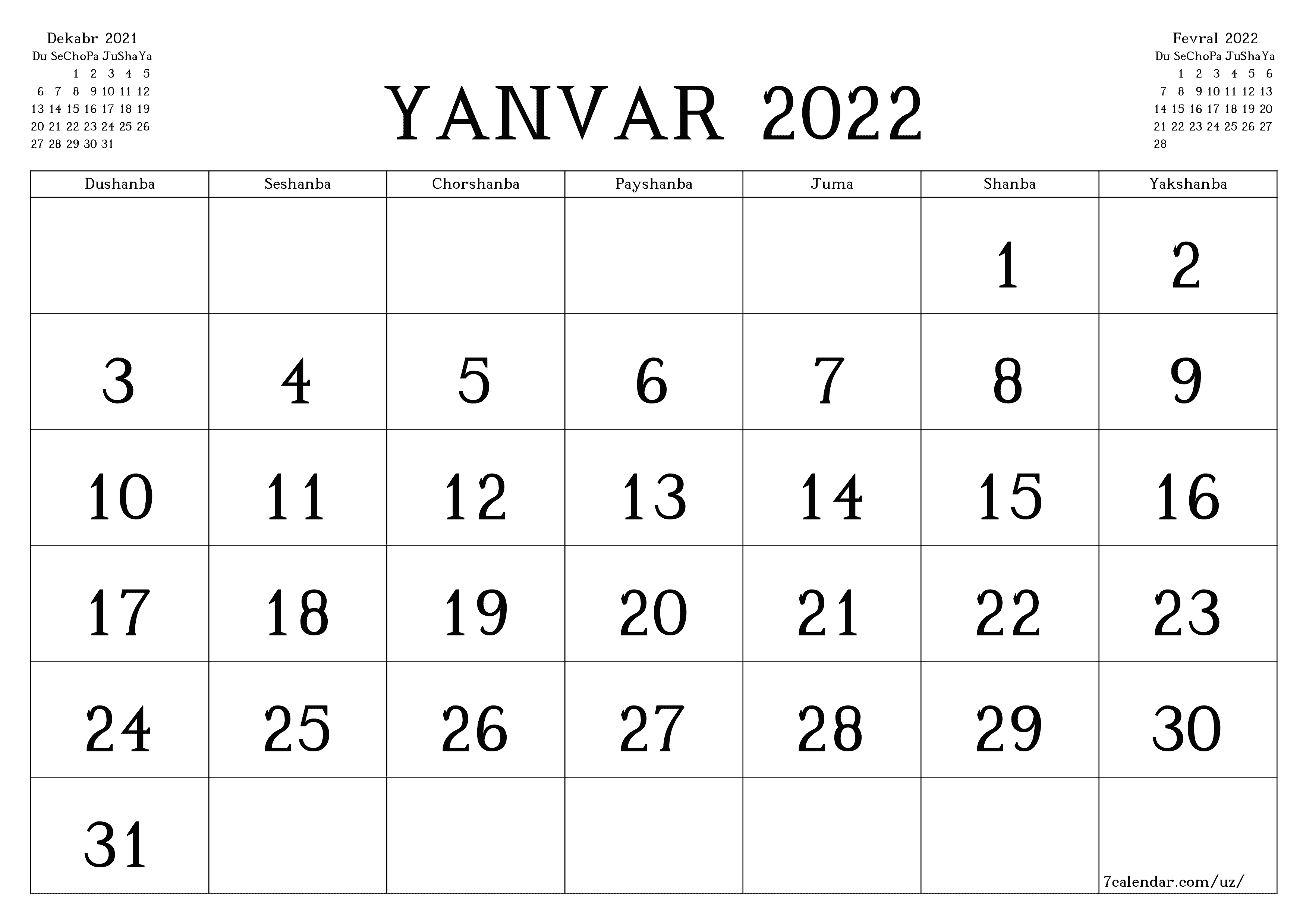 Yanvar 2022 oylik oylik rejalashtiruvchini yozuvlar bilan bo'shatish, saqlash va PDF-ga chop etish PNG Uzbek - 7calendar.com