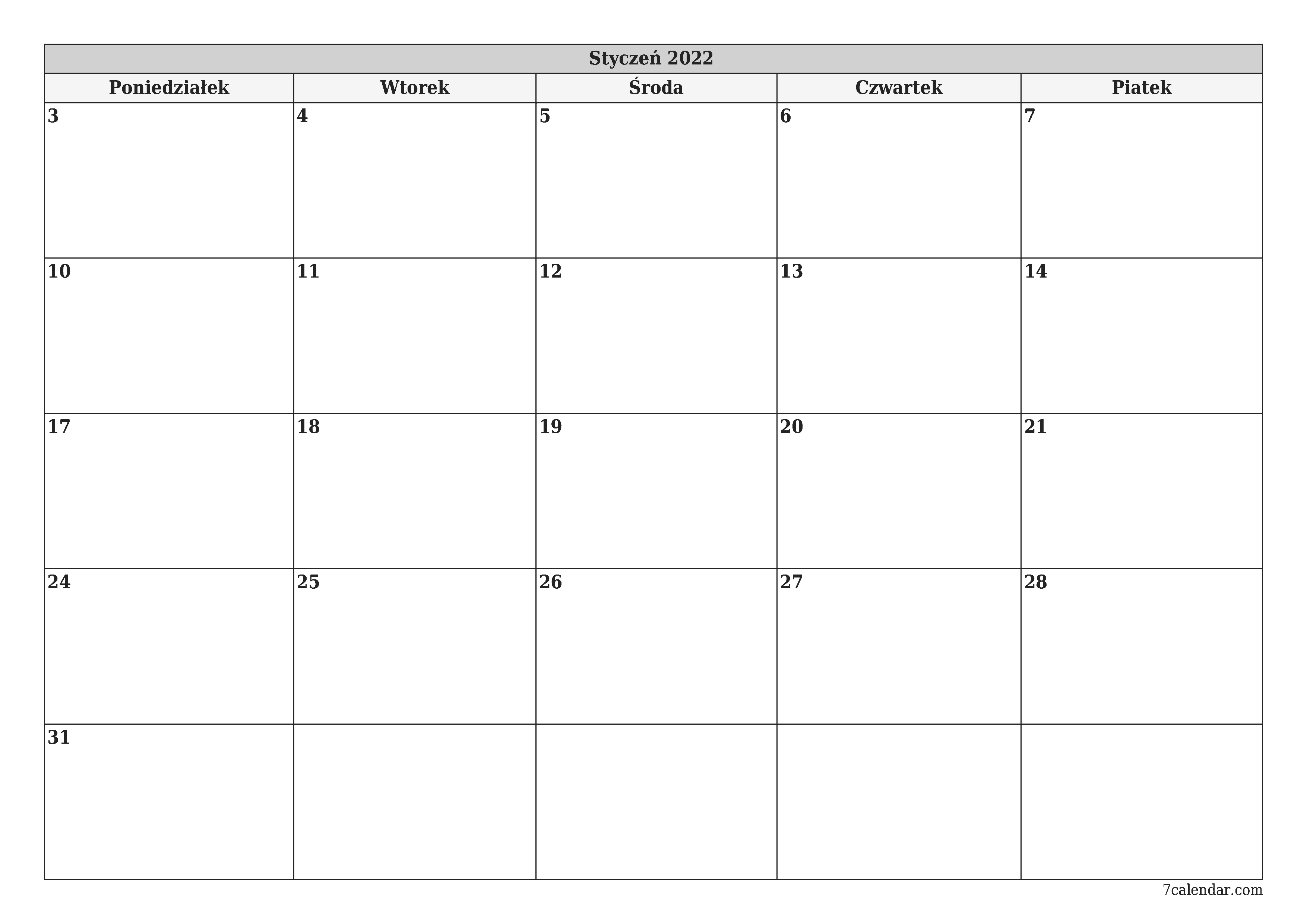 do druku ścienny szablon a darmowy poziomy Miesięczny planista kalendarz Styczeń (Sty) 2022