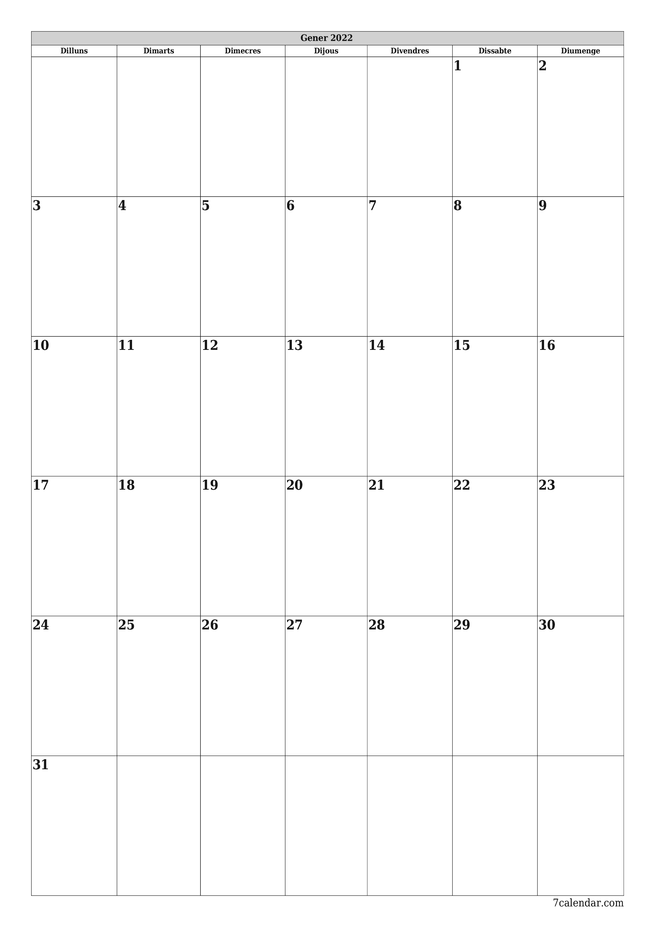  imprimible de paret plantilla de gratuïtvertical Mensual planificador calendari Gener (Gen) 2022