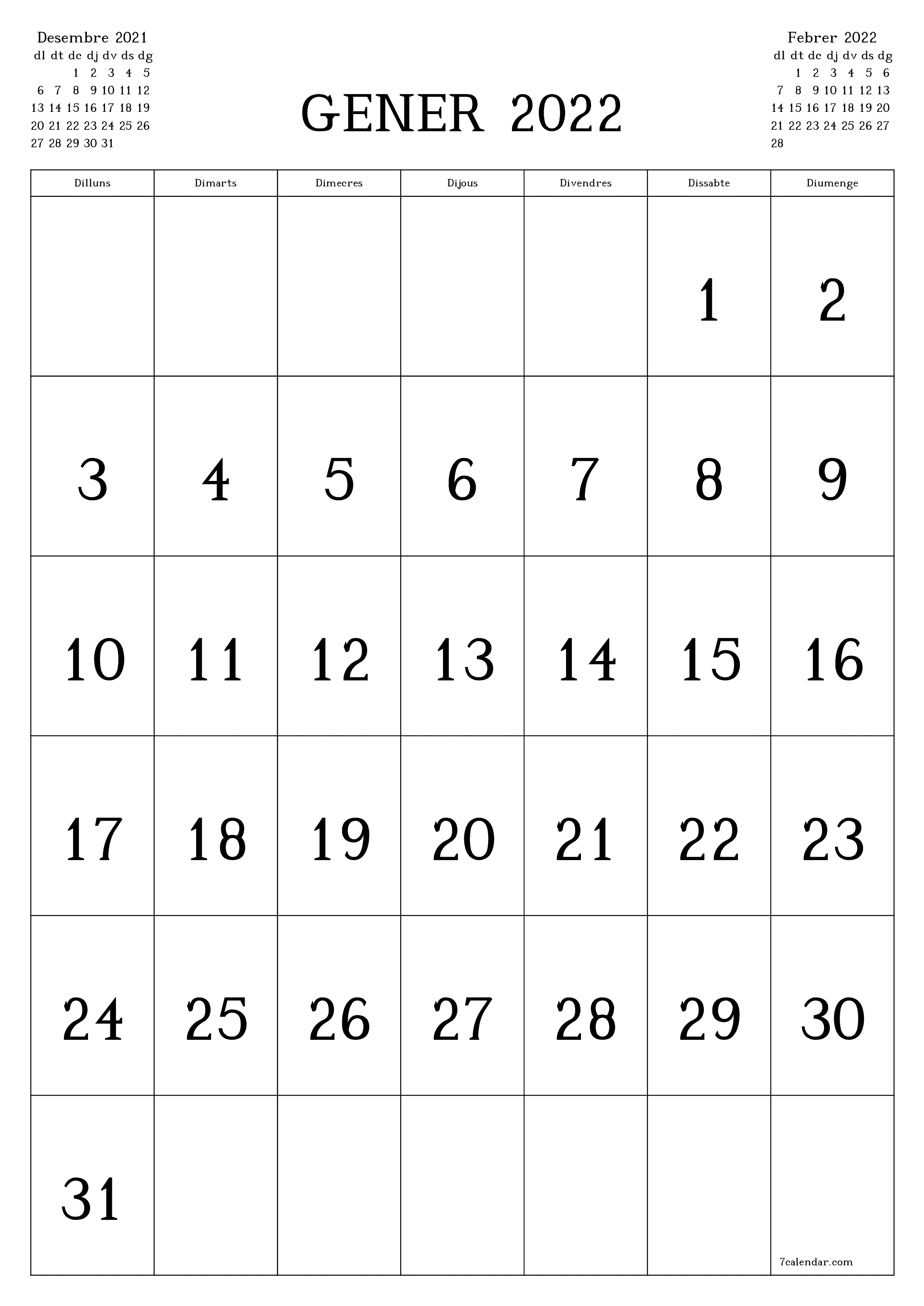 Plantilla de calendari de mes HD amb data mensual en blanc Gener 2022, deseu-la i imprimiu-la com a PDF PNG Catalan - 7calendar.com