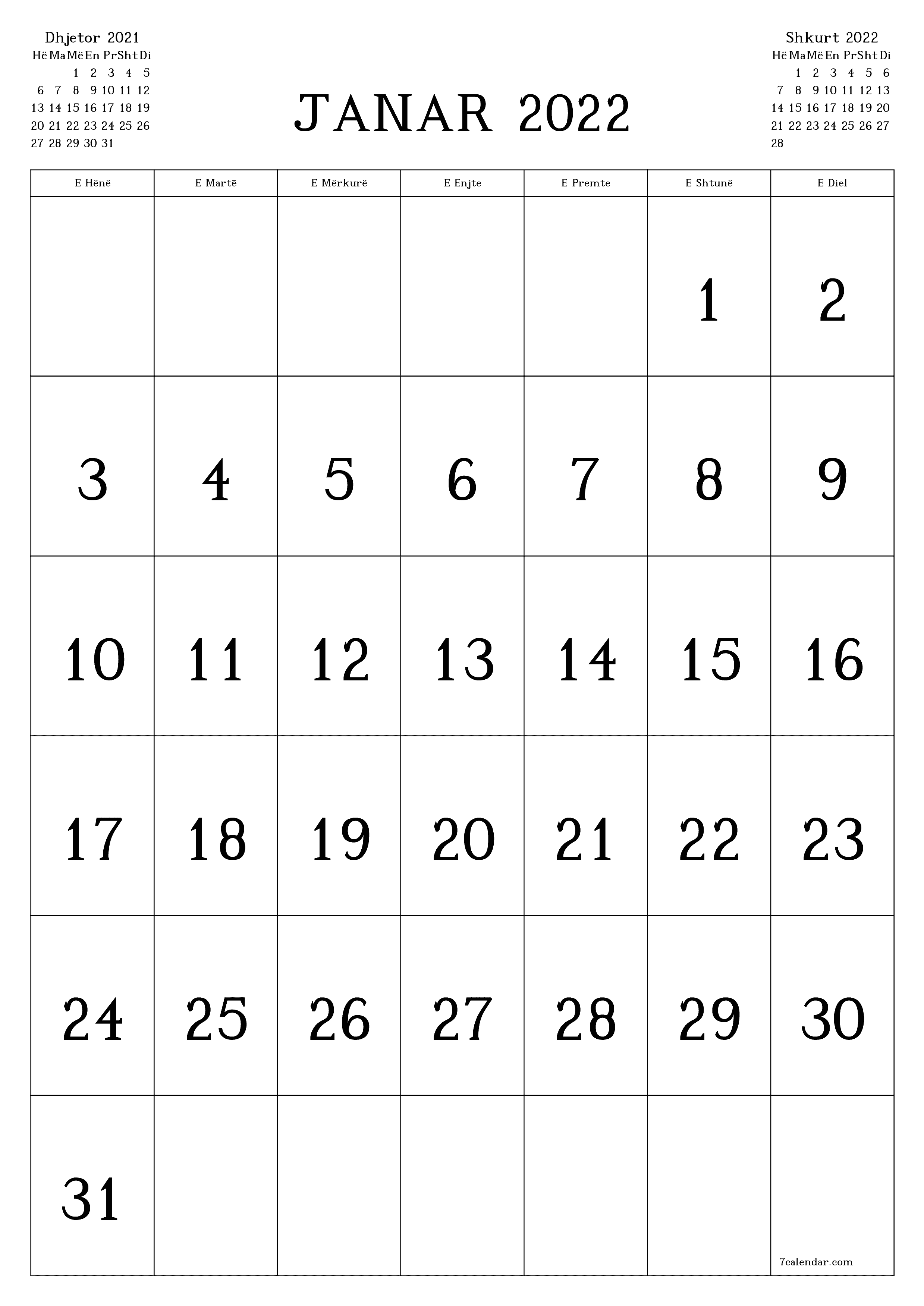 Planifikuesi i zbrazët i kalendarit mujor për muajin Janar 2022 me shënime të ruajtura dhe të printuara në PDF PNG Albanian - 7calendar.com