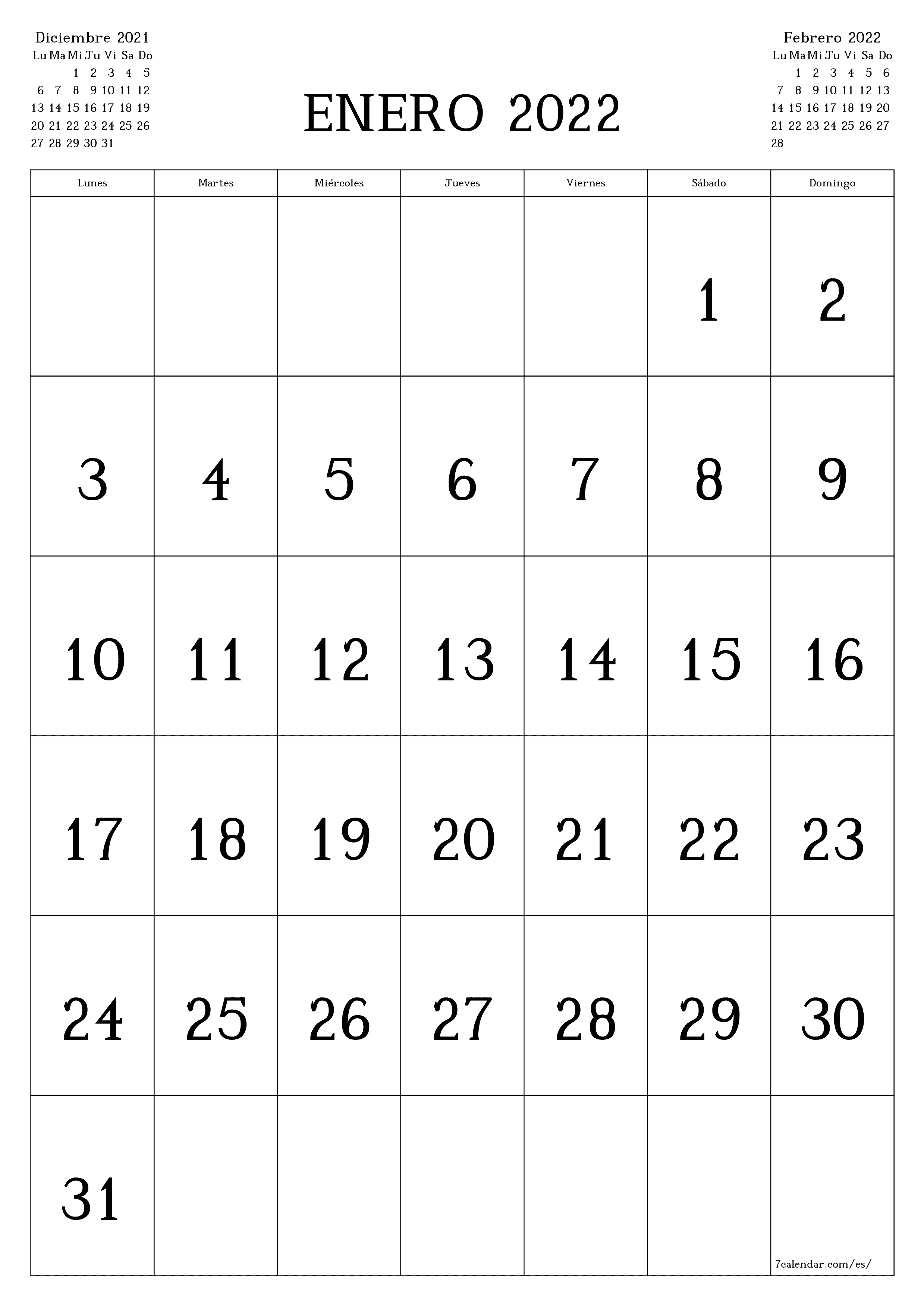 Calendario mensual en blanco para el mes Enero 2022 guardar e imprimir en PDF PNG Spanish - 7calendar.com