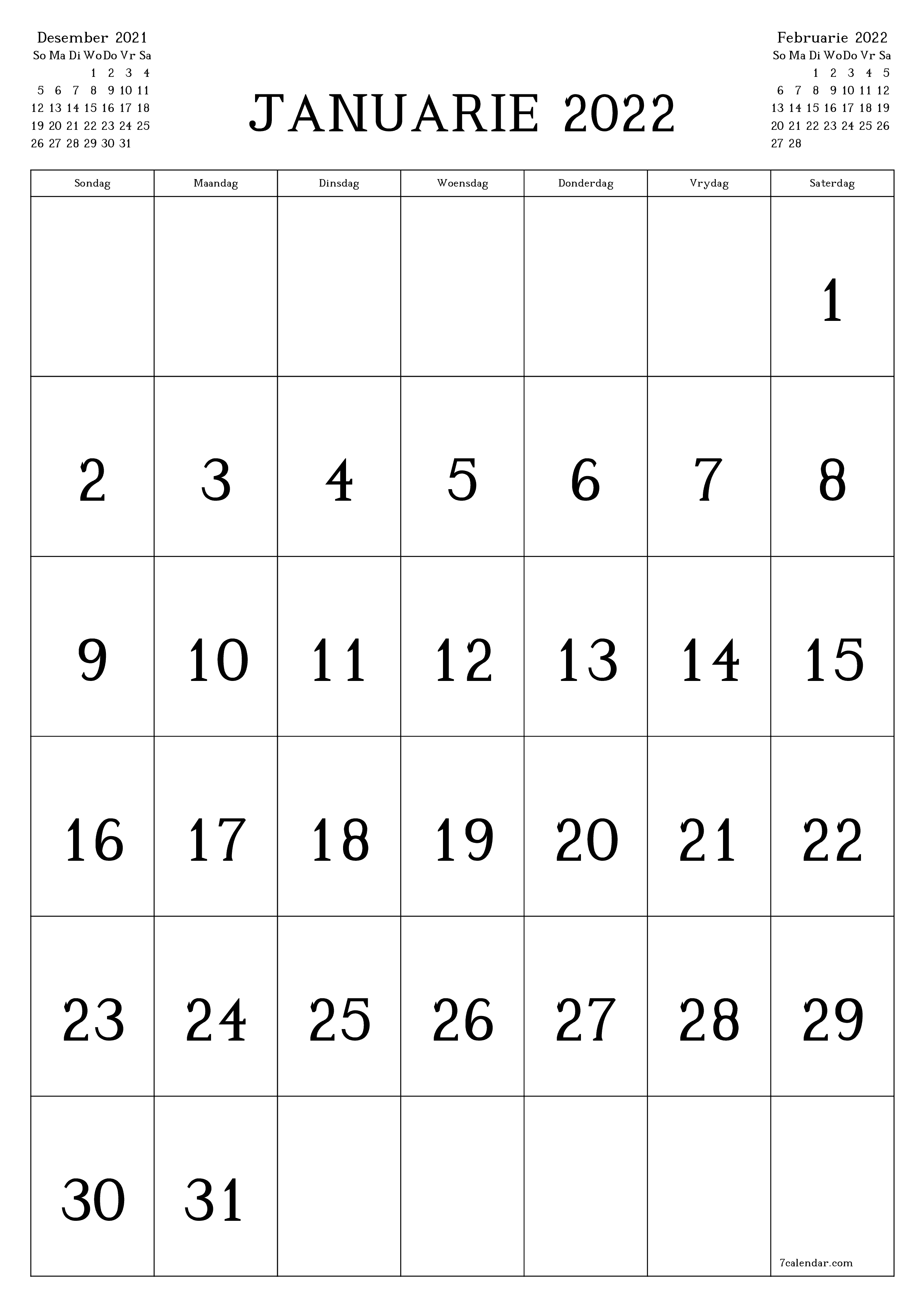Leë maandelikse drukbare kalender en beplanner vir maand Januarie 2022 met notas stoor en druk na PDF PNG Afrikaans