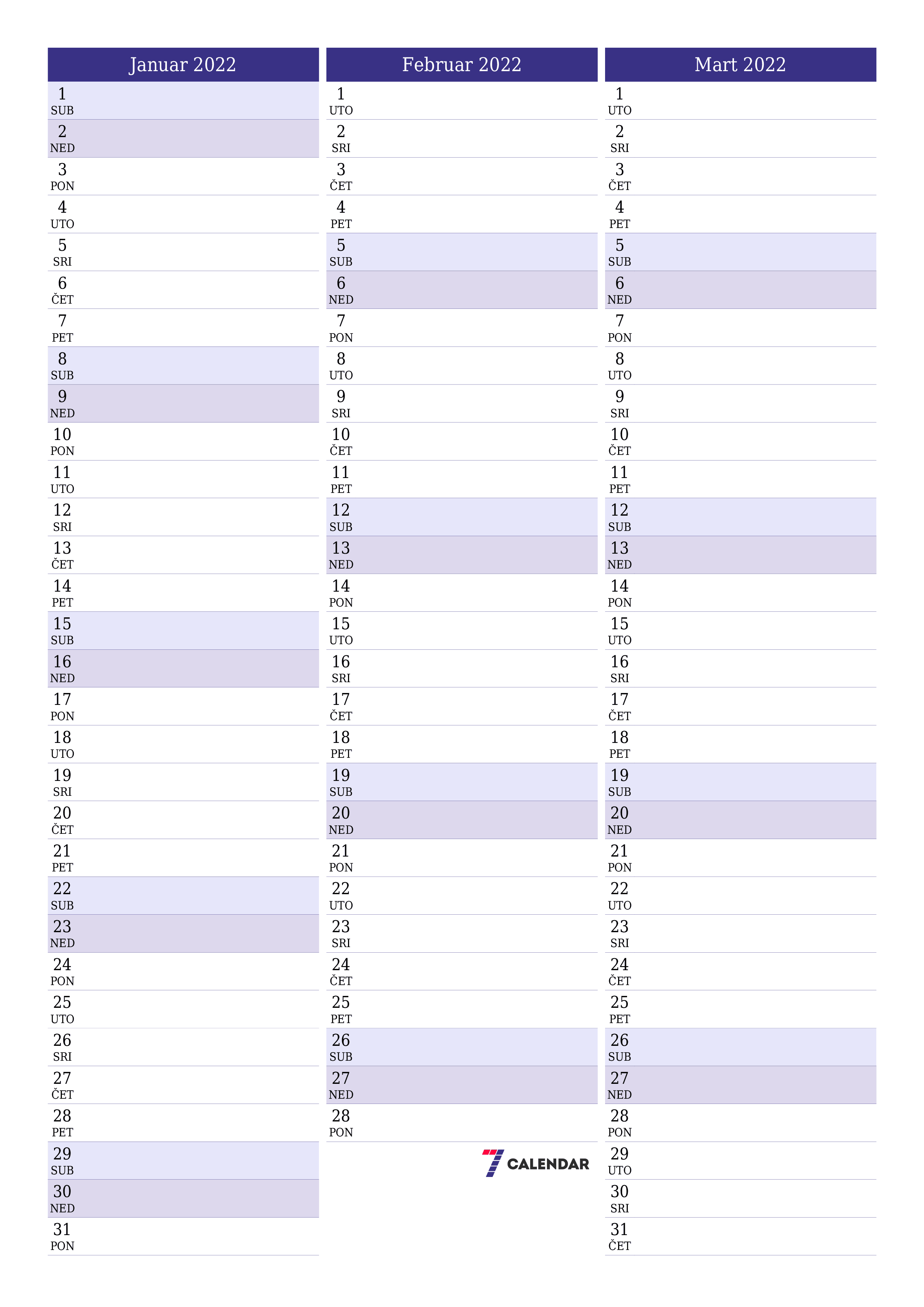 Ispraznite mjesečni planer za mjesec Januar 2022 s bilješkama, spremite i ispišite u PDF PNG Bosnian