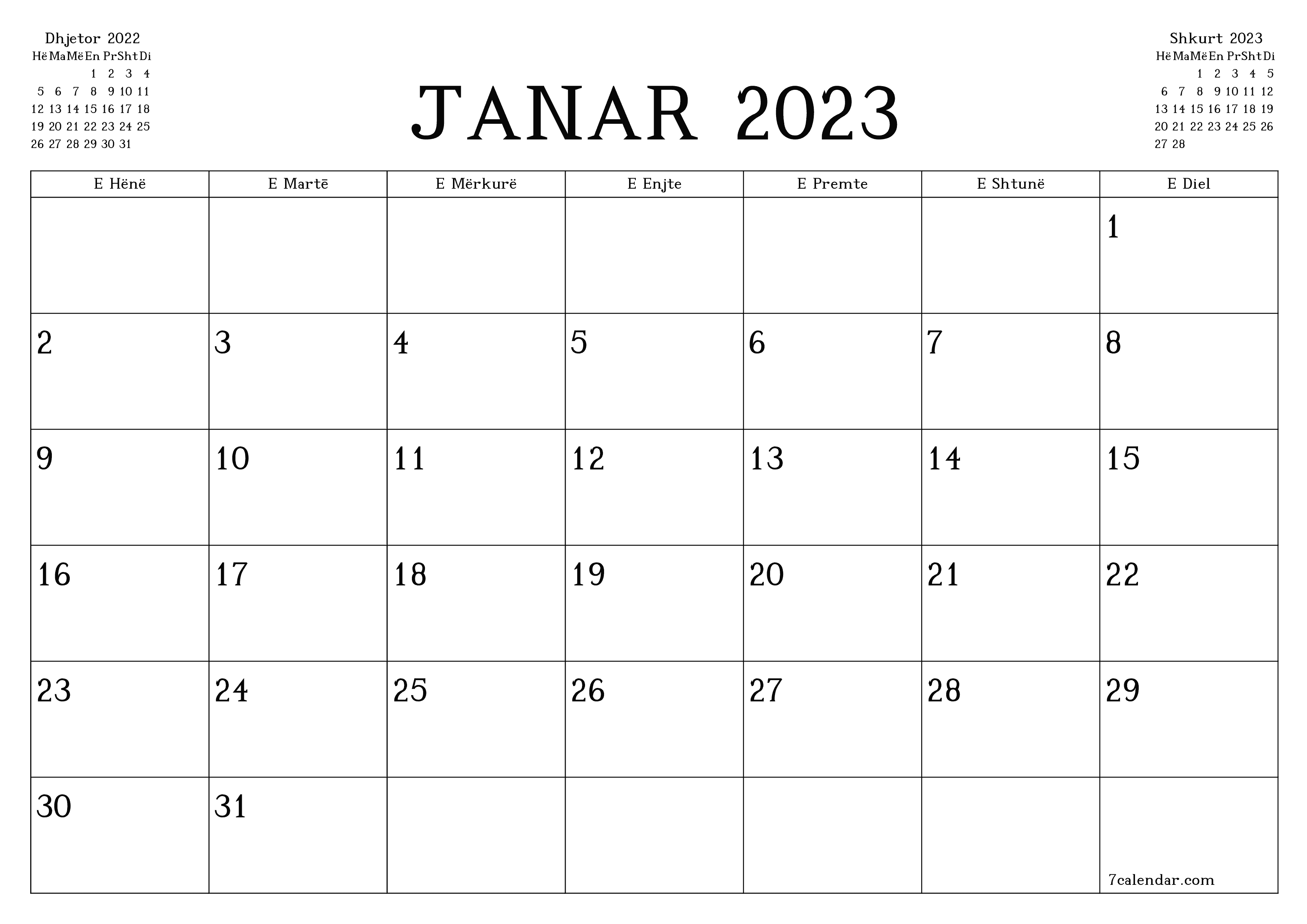 Planifikuesi i zbrazët i kalendarit mujor për muajin Janar 2023 me shënime të ruajtura dhe të printuara në PDF PNG Albanian - 7calendar.com