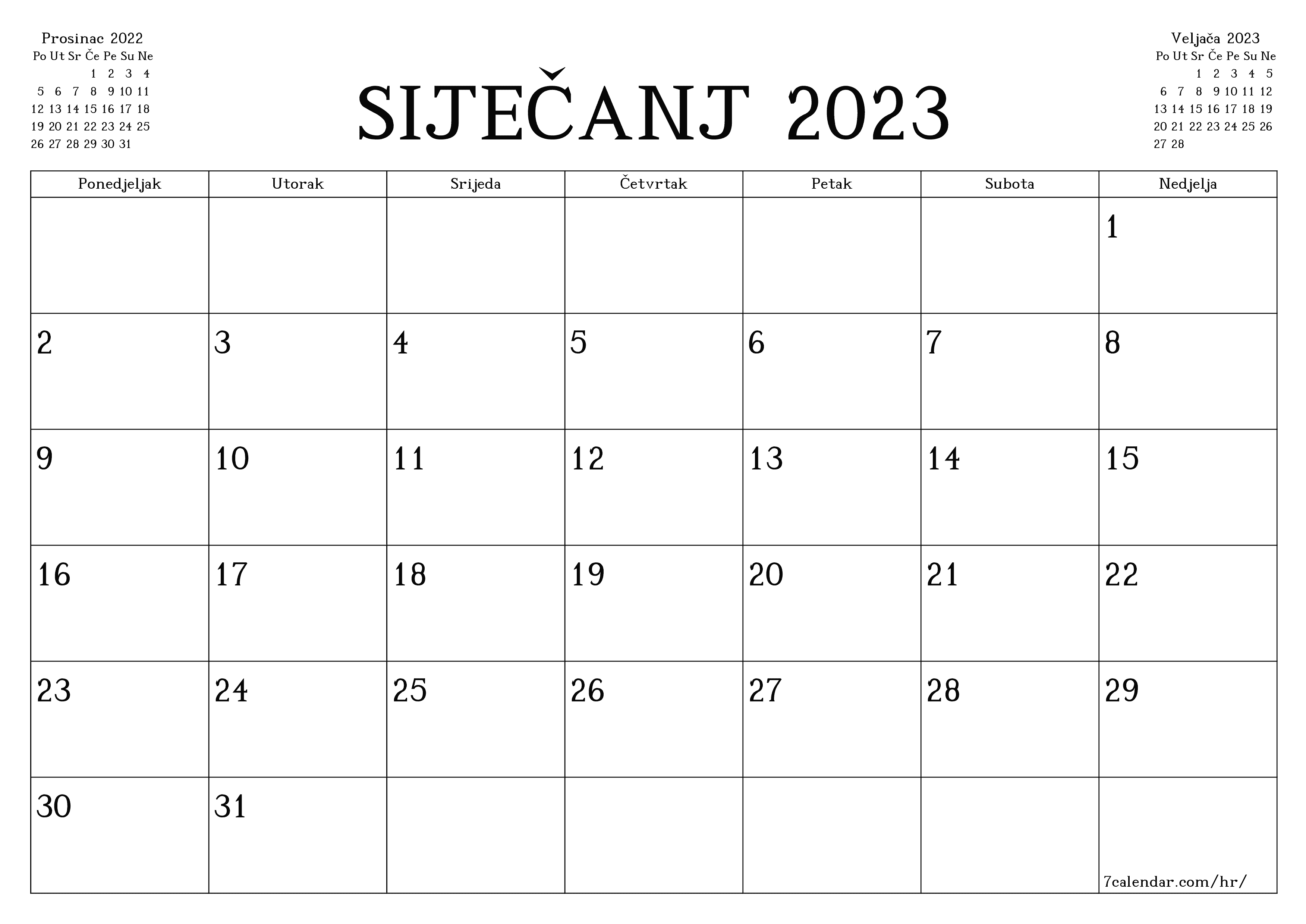 Ispraznite mjesečni planer za mjesec Siječanj 2023 s bilješkama, spremite i ispišite u PDF PNG Croatian - 7calendar.com