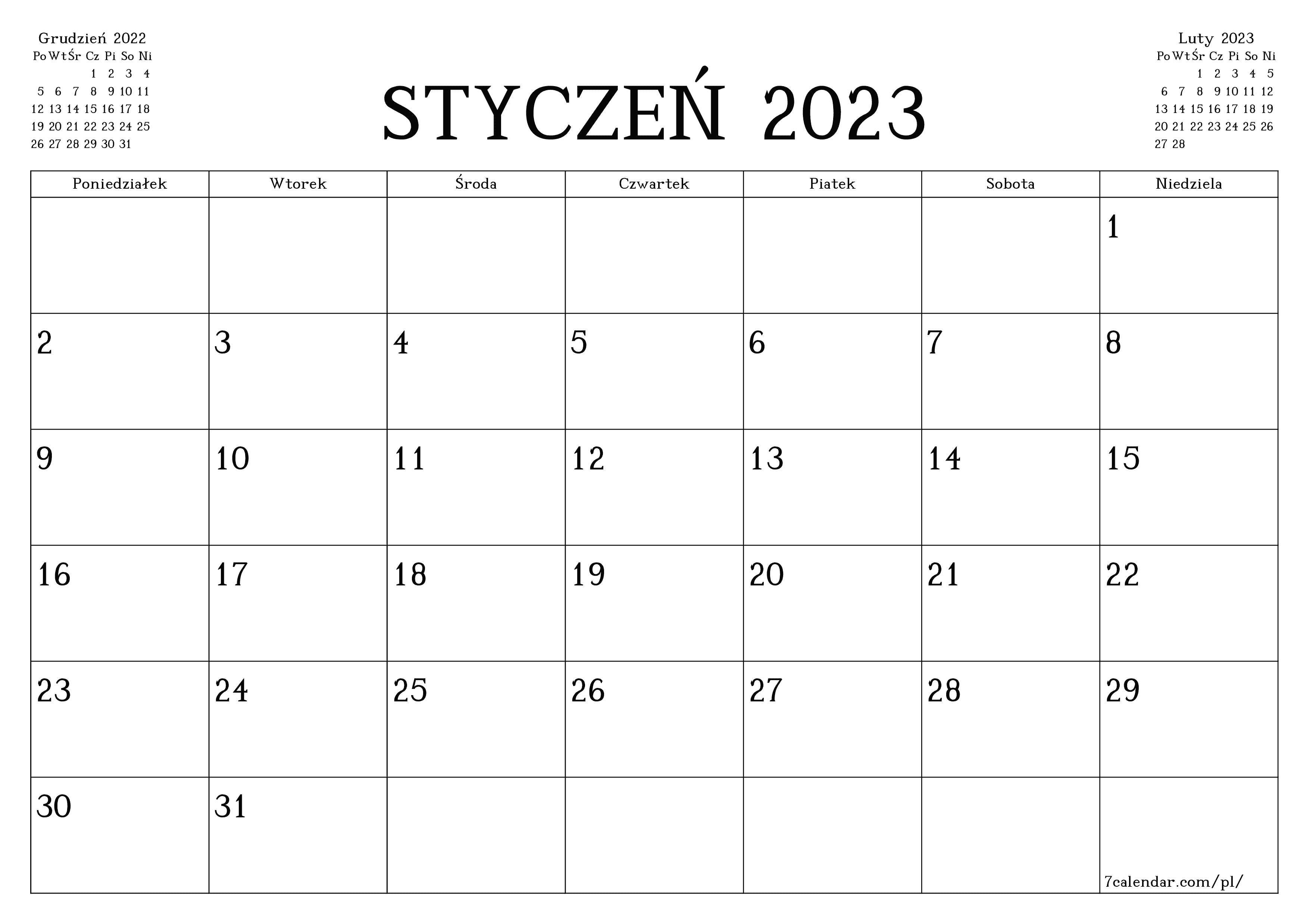 Opróżnij miesięczny planer na miesiąc Styczeń 2023 z notatkami, zapisz i wydrukuj w formacie PDF PNG Polish