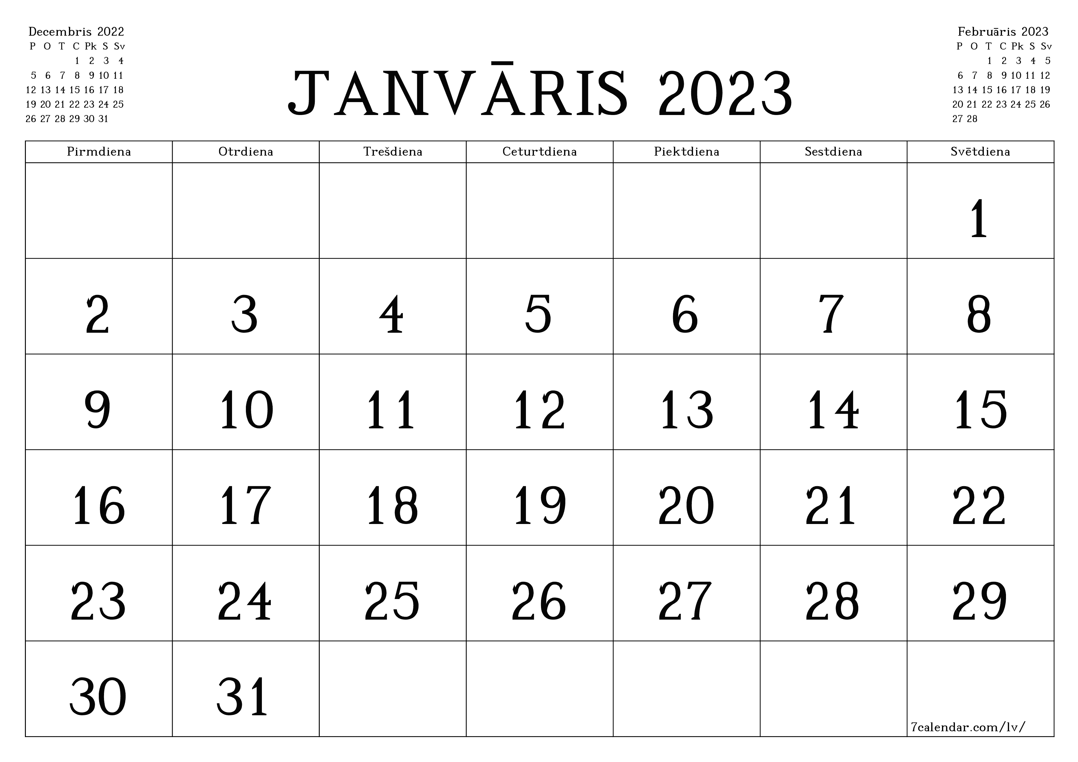 Iztukšot mēneša plānotāju mēnesim Janvāris 2023 ar piezīmēm, saglabāt un izdrukāt PDF formātā PNG Latvian - 7calendar.com