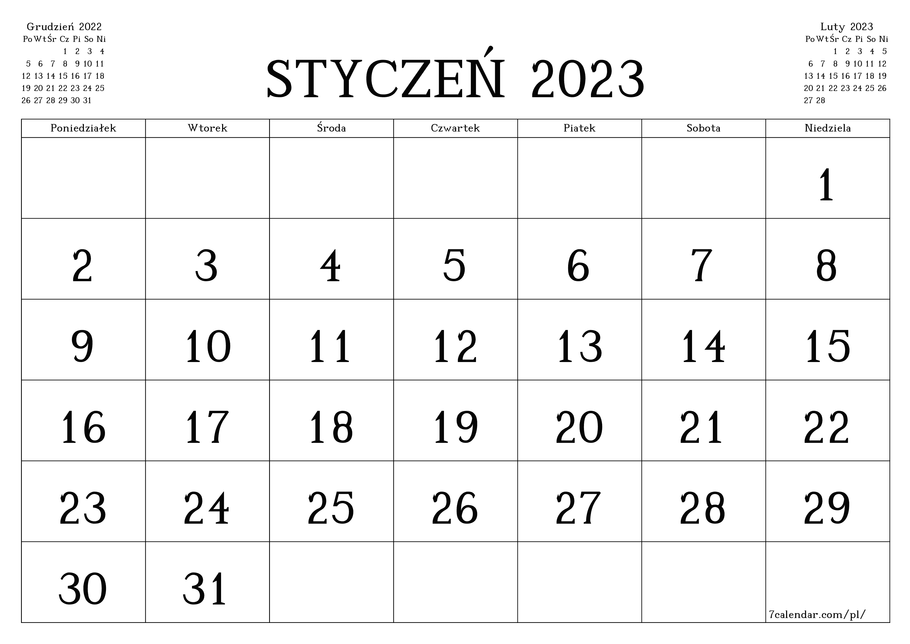 Opróżnij miesięczny planer na miesiąc Styczeń 2023 z notatkami, zapisz i wydrukuj w formacie PDF PNG Polish