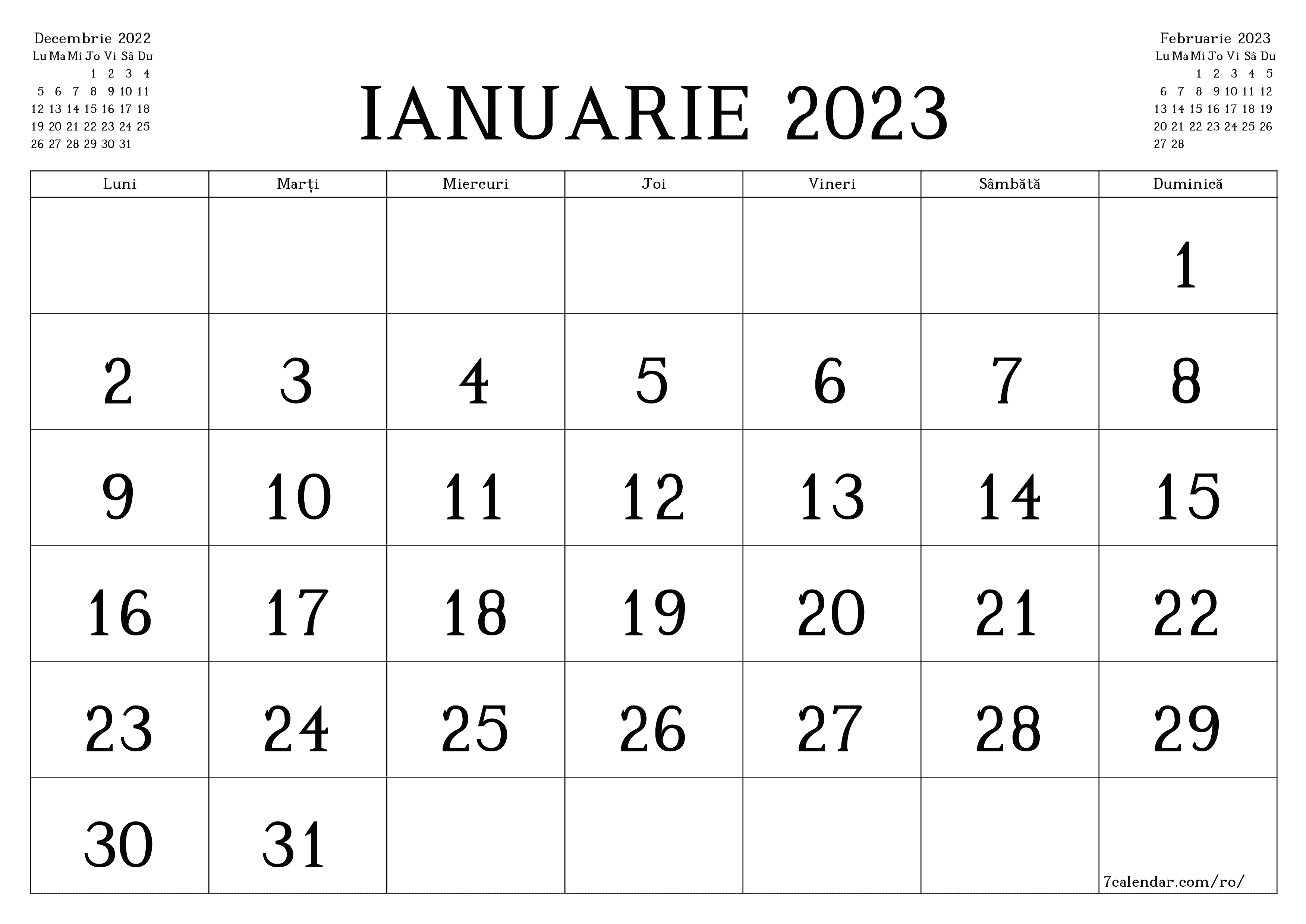 Planificator lunar gol pentru luna Ianuarie 2023 cu note, salvați și tipăriți în PDF PNG Romanian - 7calendar.com