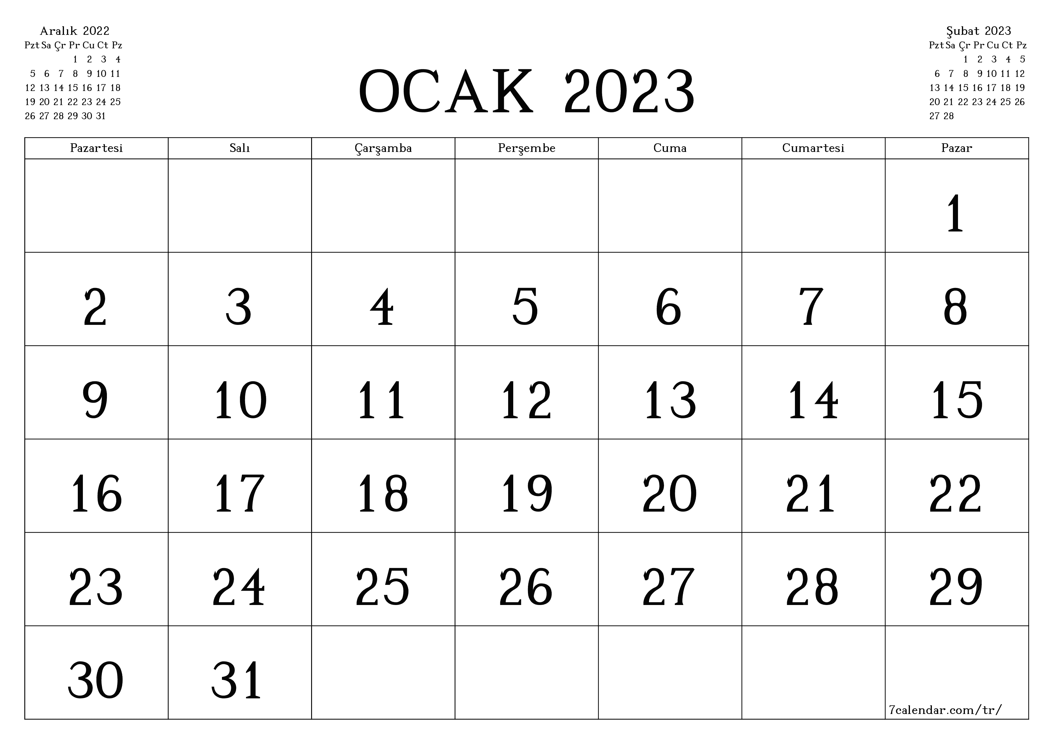 Ocak 2023 ayı için notlarla birlikte boş aylık planlayıcı, kaydedin ve PDF'ye yazdırın PNG Turkish - 7calendar.com