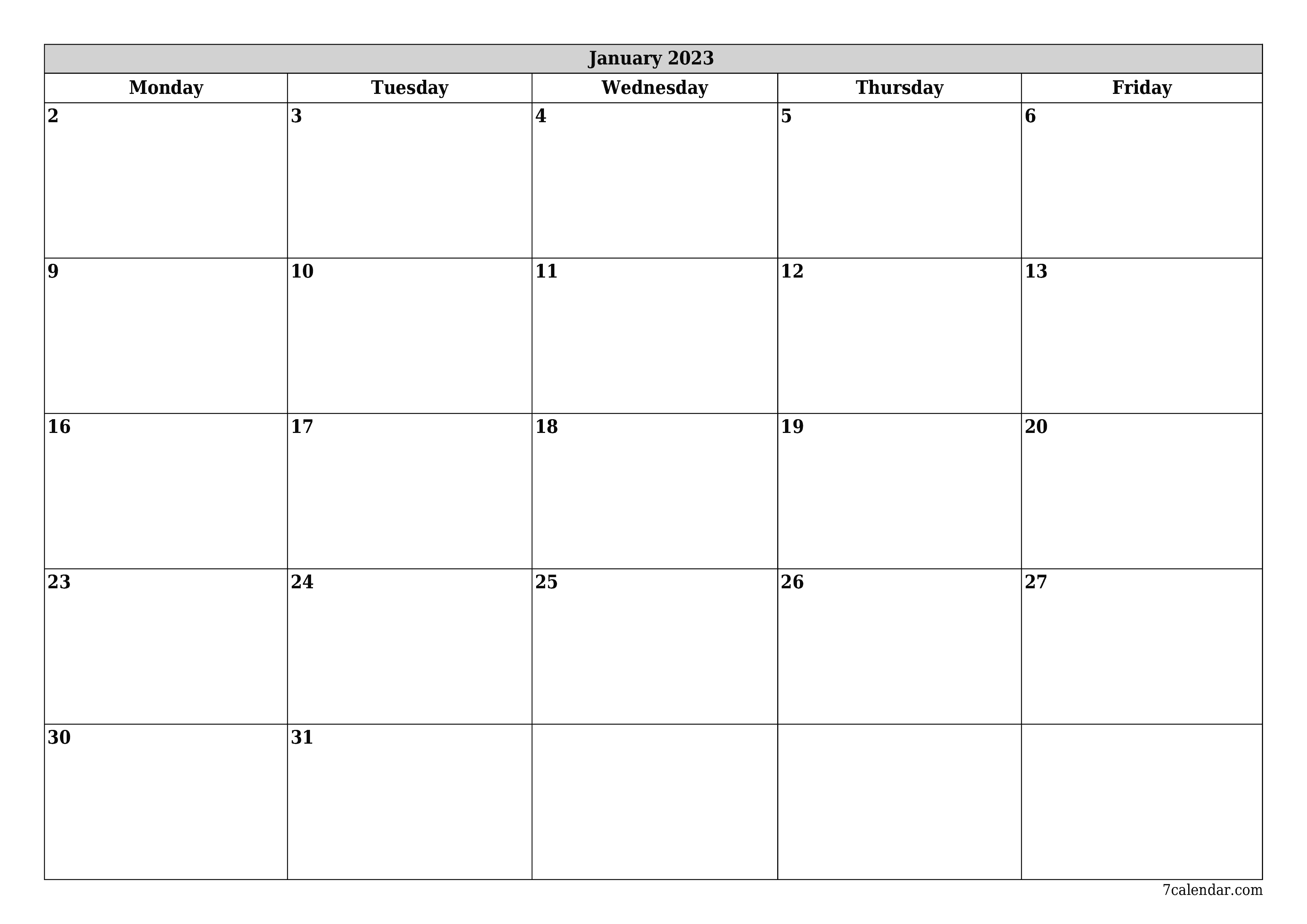 Blank monthly printable calendar and planner for month January 2023 with notes save and print to PDF PNG English