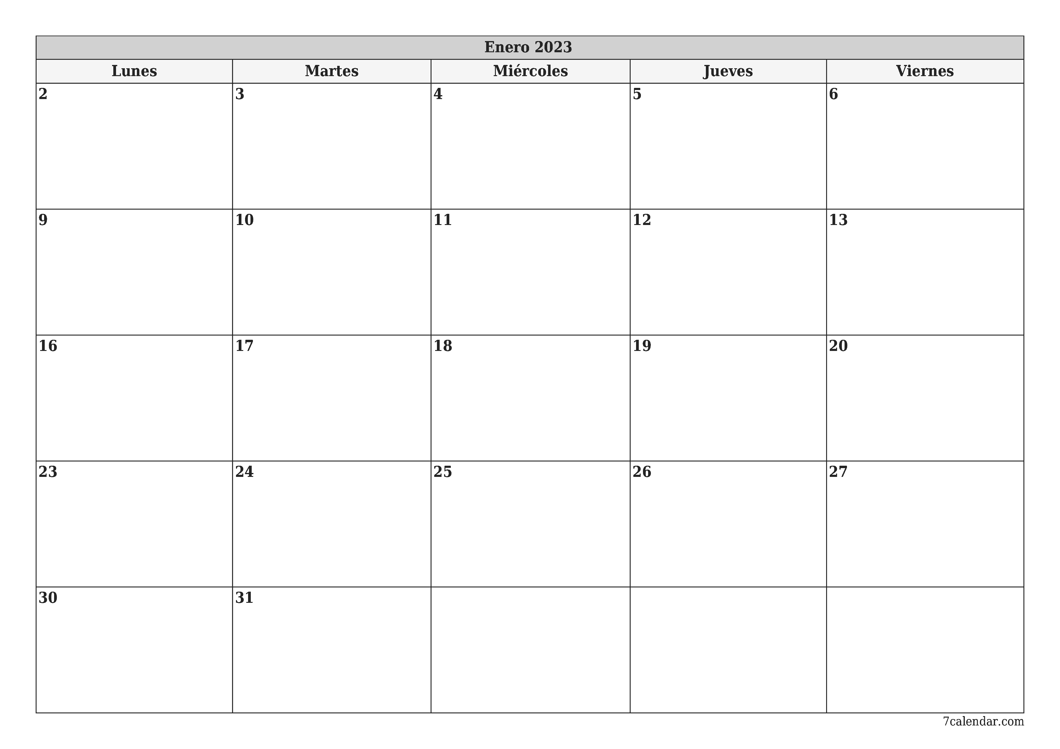 Planificador mensual vacío para el mes Enero 2023 con notas, guardar e imprimir en PDF PNG Spanish