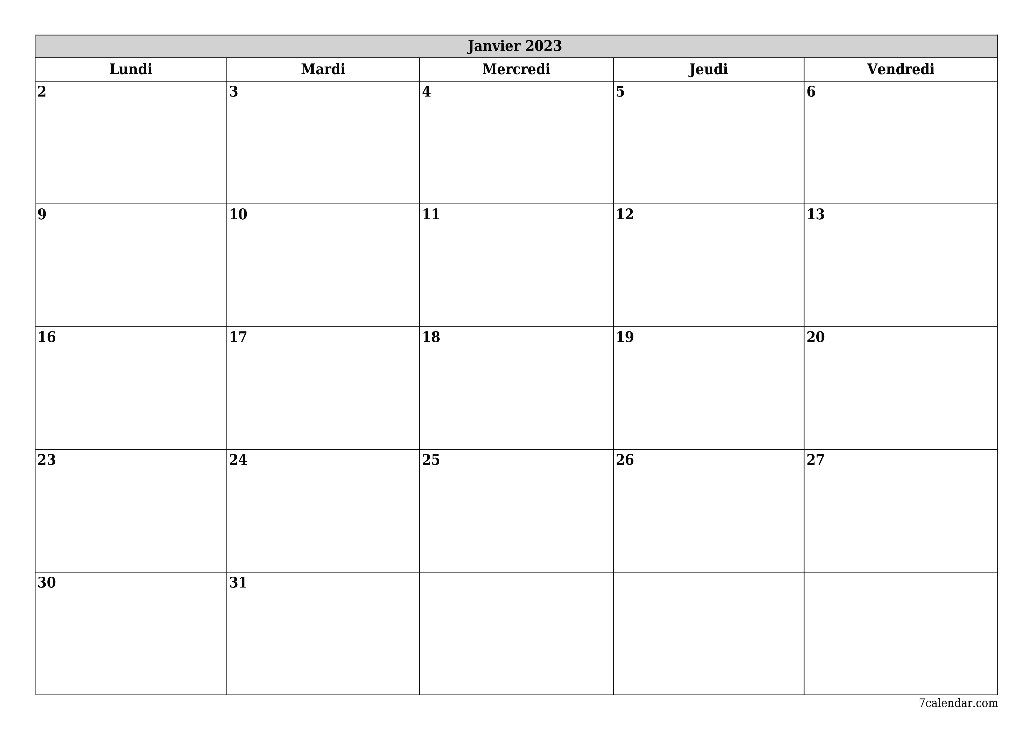 Agenda mensuel vide pour le mois Janvier 2023 avec notes, enregistrez et imprimez au format PDF PNG French