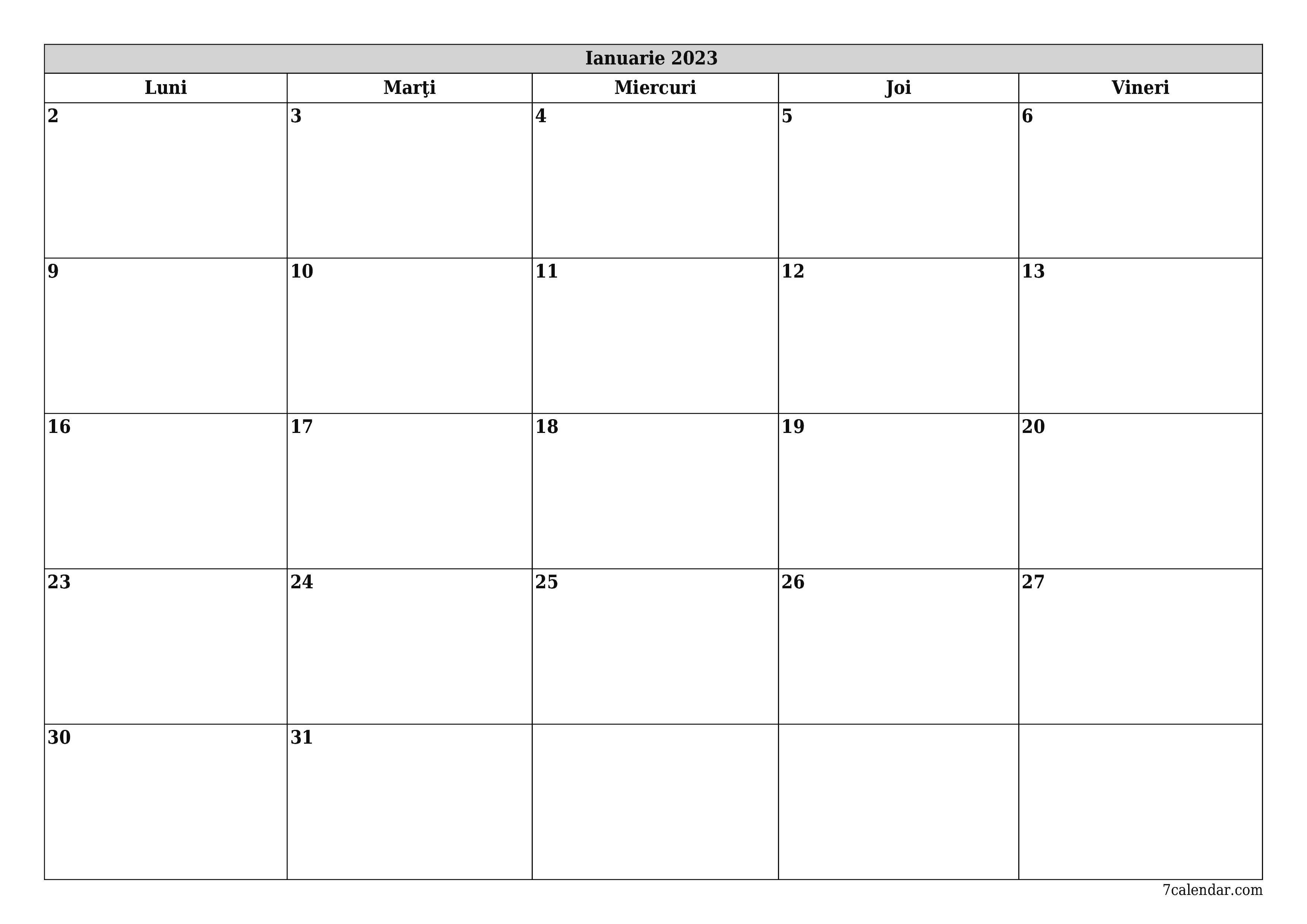  imprimabil de perete șablon de gratuitorizontală Lunar planificator calendar Ianuarie (Ian) 2023