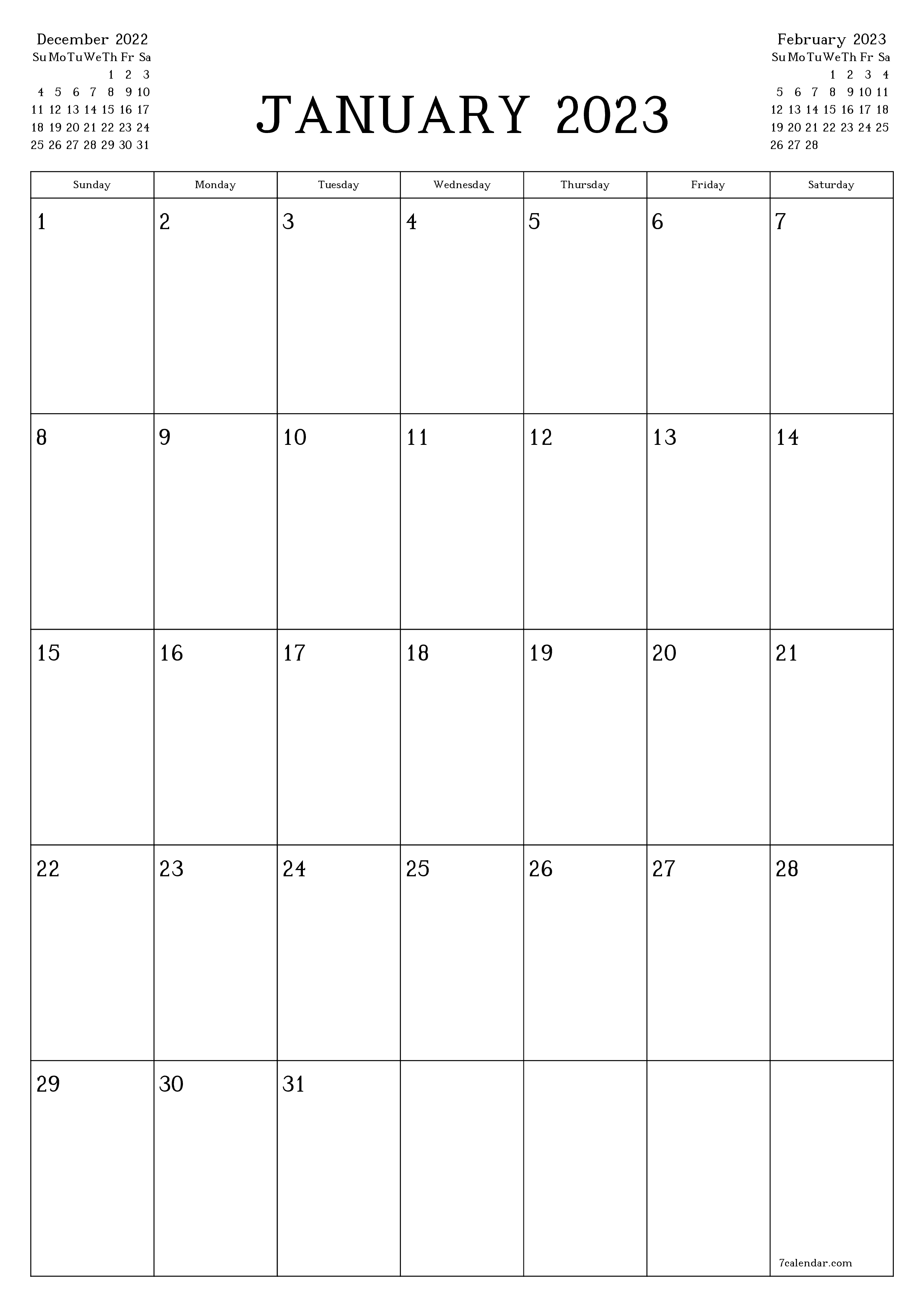 Blank monthly printable calendar and planner for month January 2023 with notes save and print to PDF PNG English - 7calendar.com