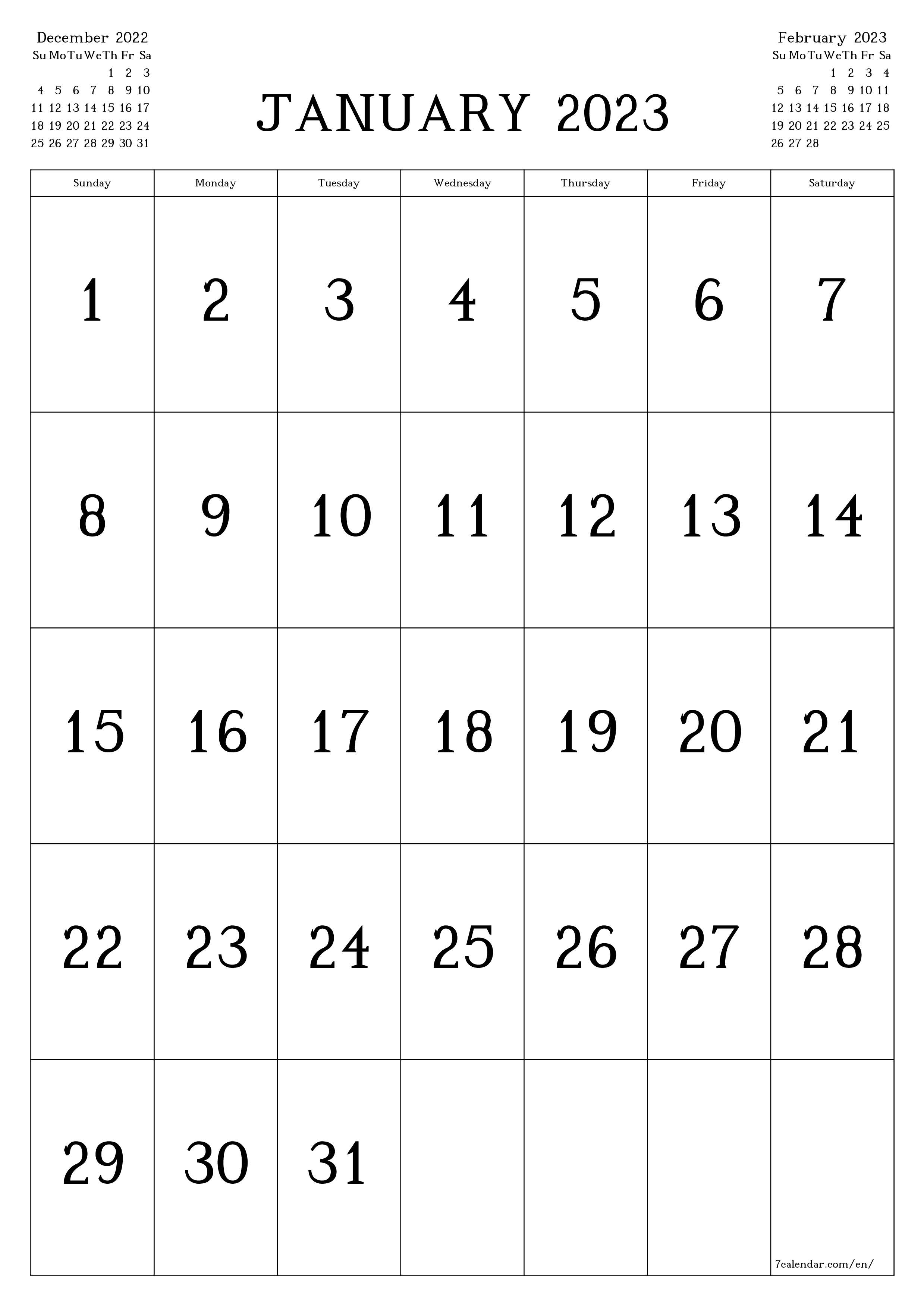 Blank monthly dated HD template image of calendar for month January 2023 save and print to PDF PNG English - 7calendar.com