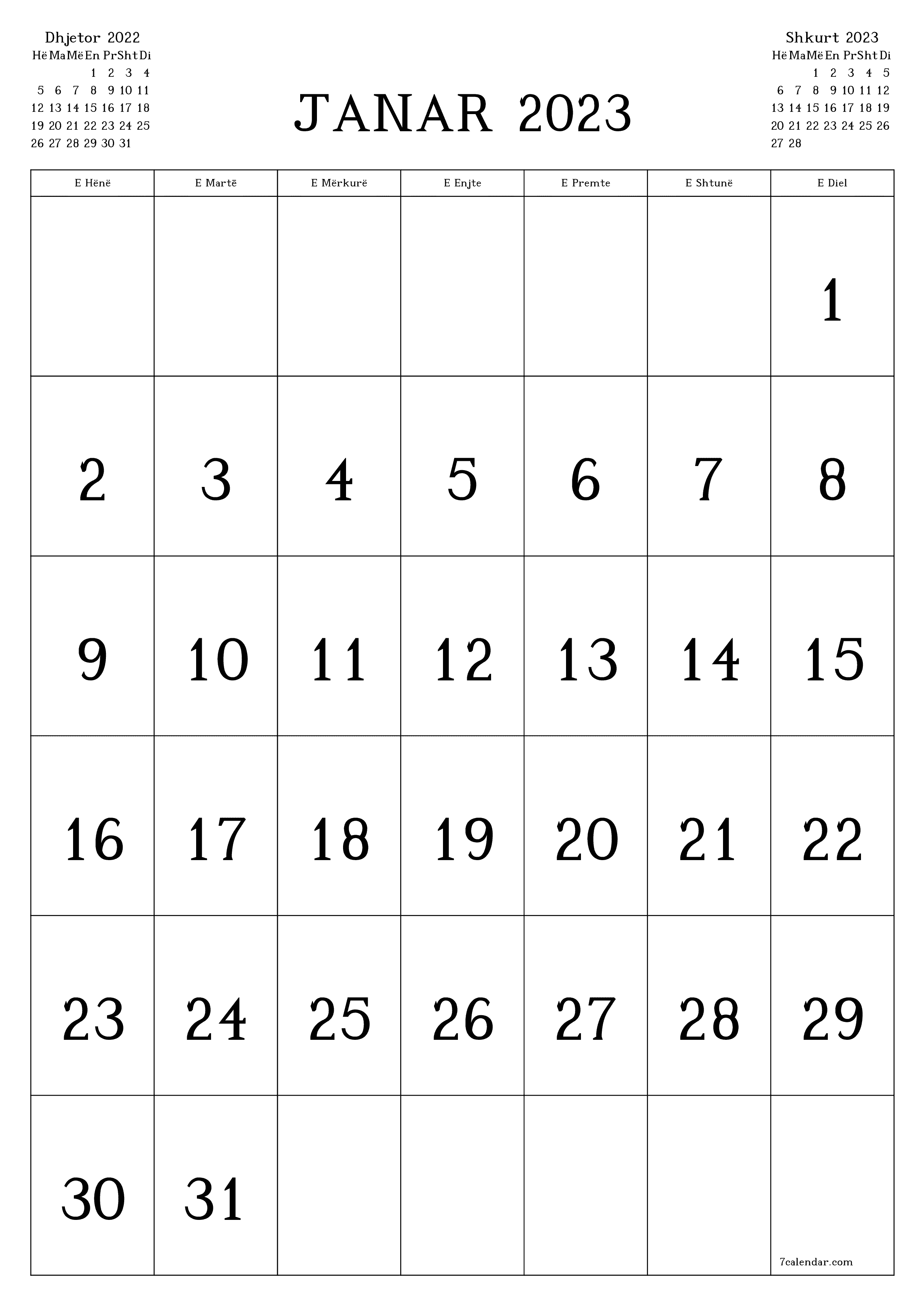 Planifikuesi i zbrazët i kalendarit mujor për muajin Janar 2023 me shënime të ruajtura dhe të printuara në PDF PNG Albanian - 7calendar.com