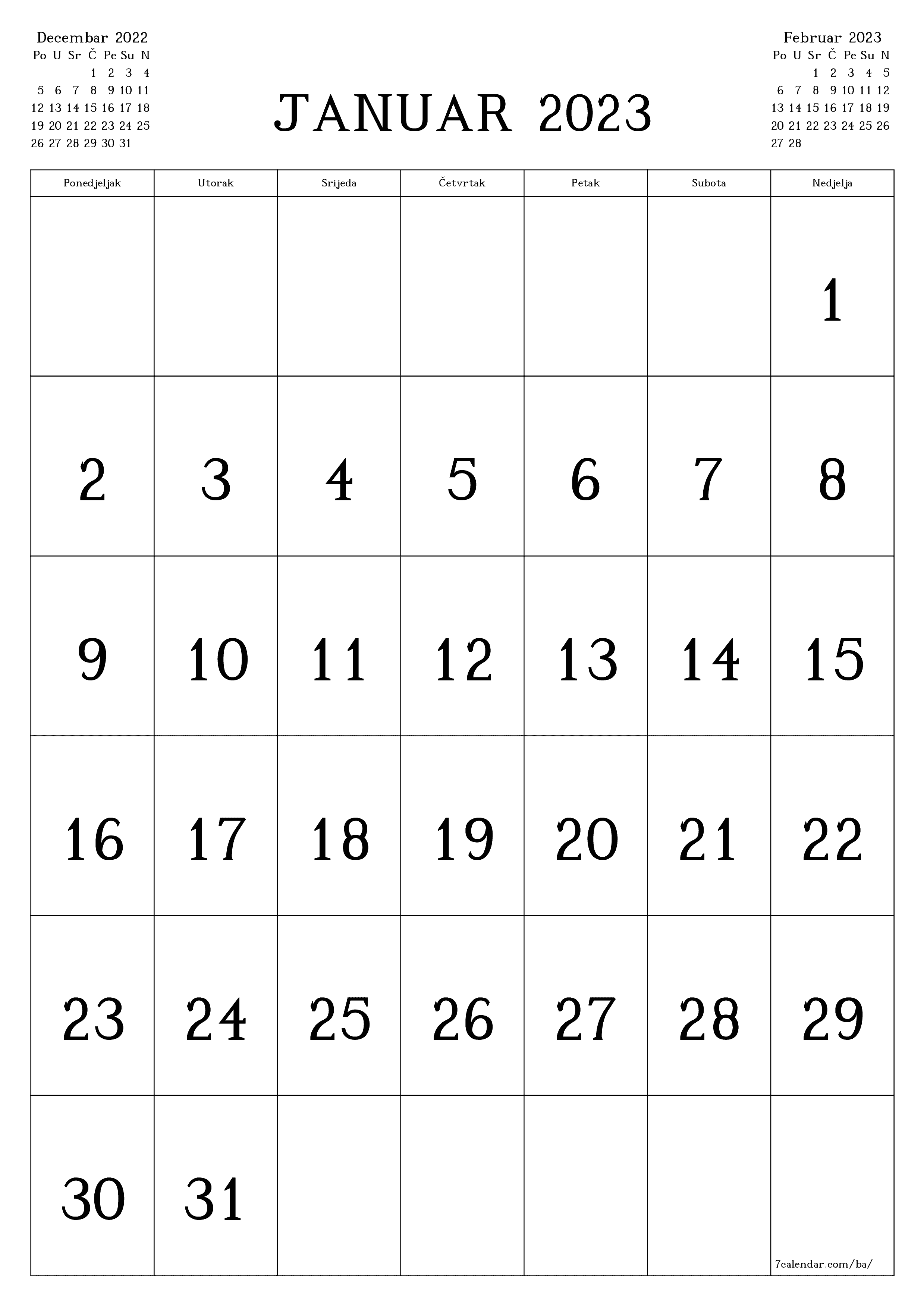  za štampanje zidni šablon a besplatni vertikalno Mjesečno kalendar Januar (Jan) 2023
