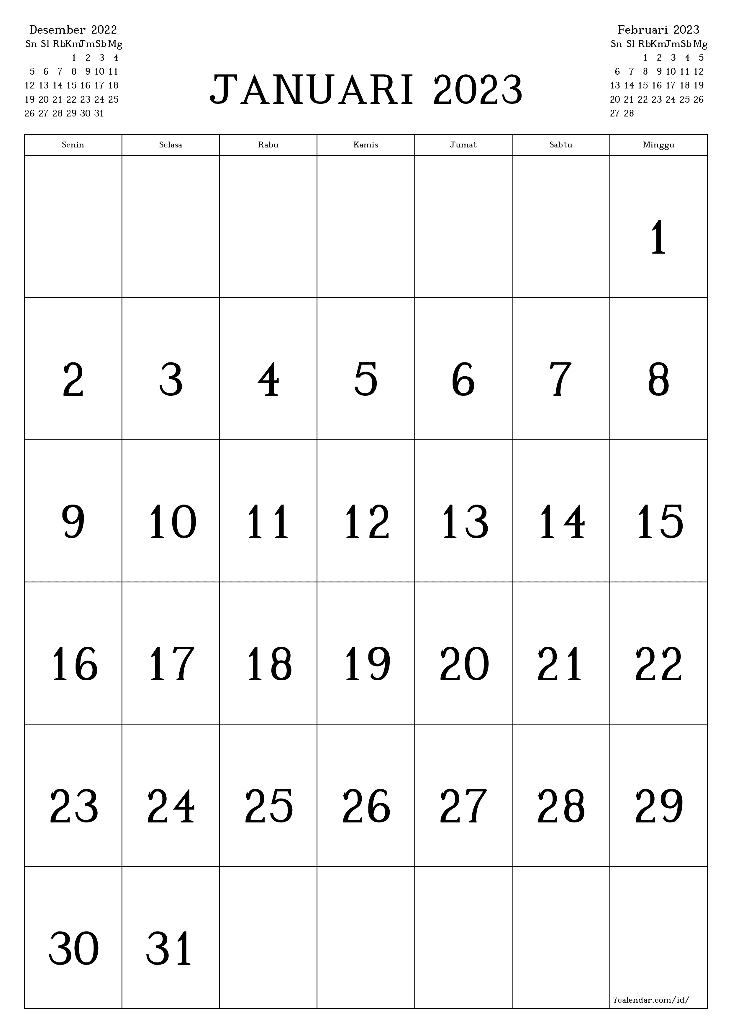 Kalender bulanan kosong untuk bulan Januari 2023 simpan dan cetak ke PDF PNG Indonesian - 7calendar.com